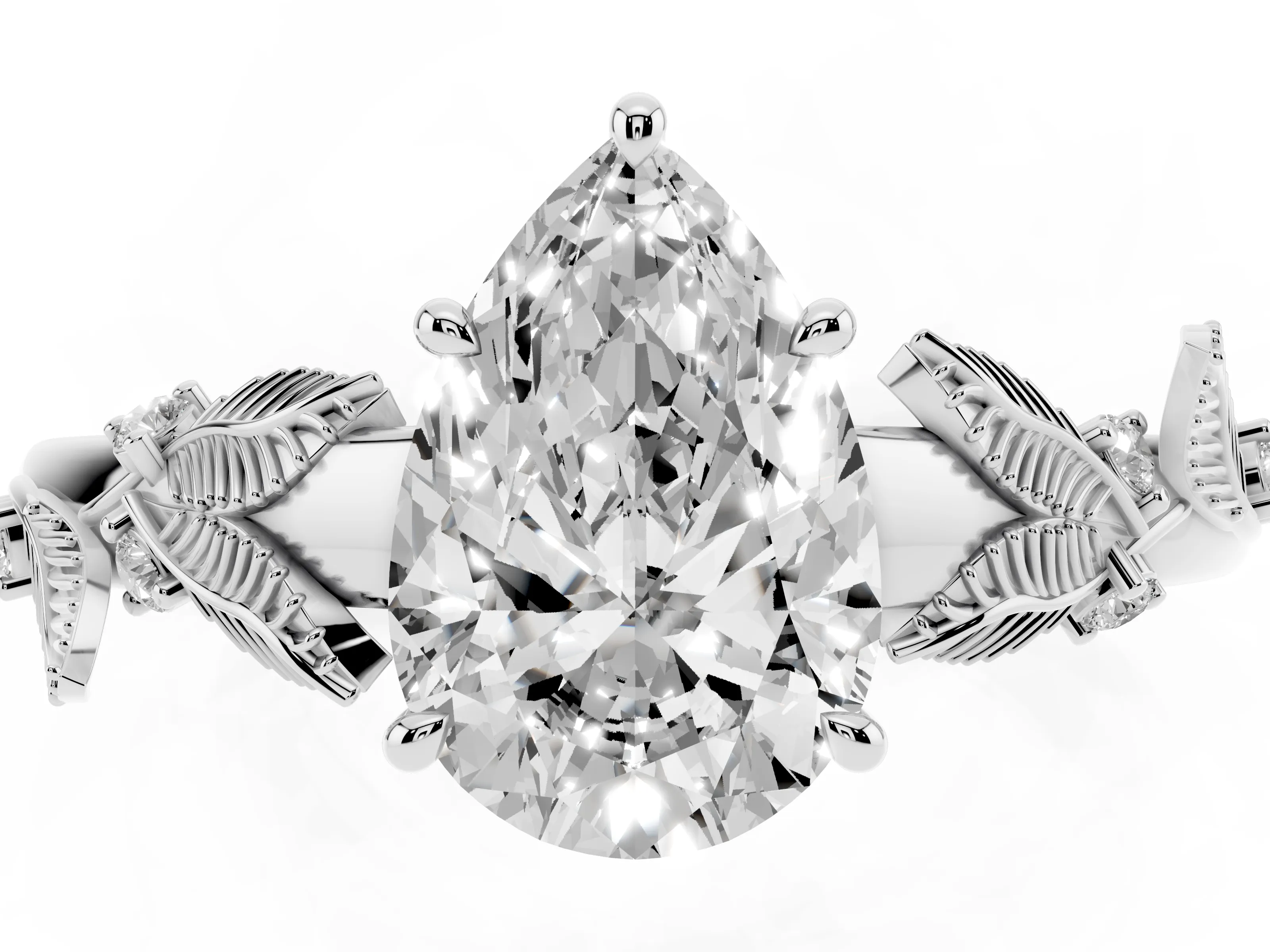 Pear Cut Diamond Solitaire Ring Set in White gold with Leaf Motif Band