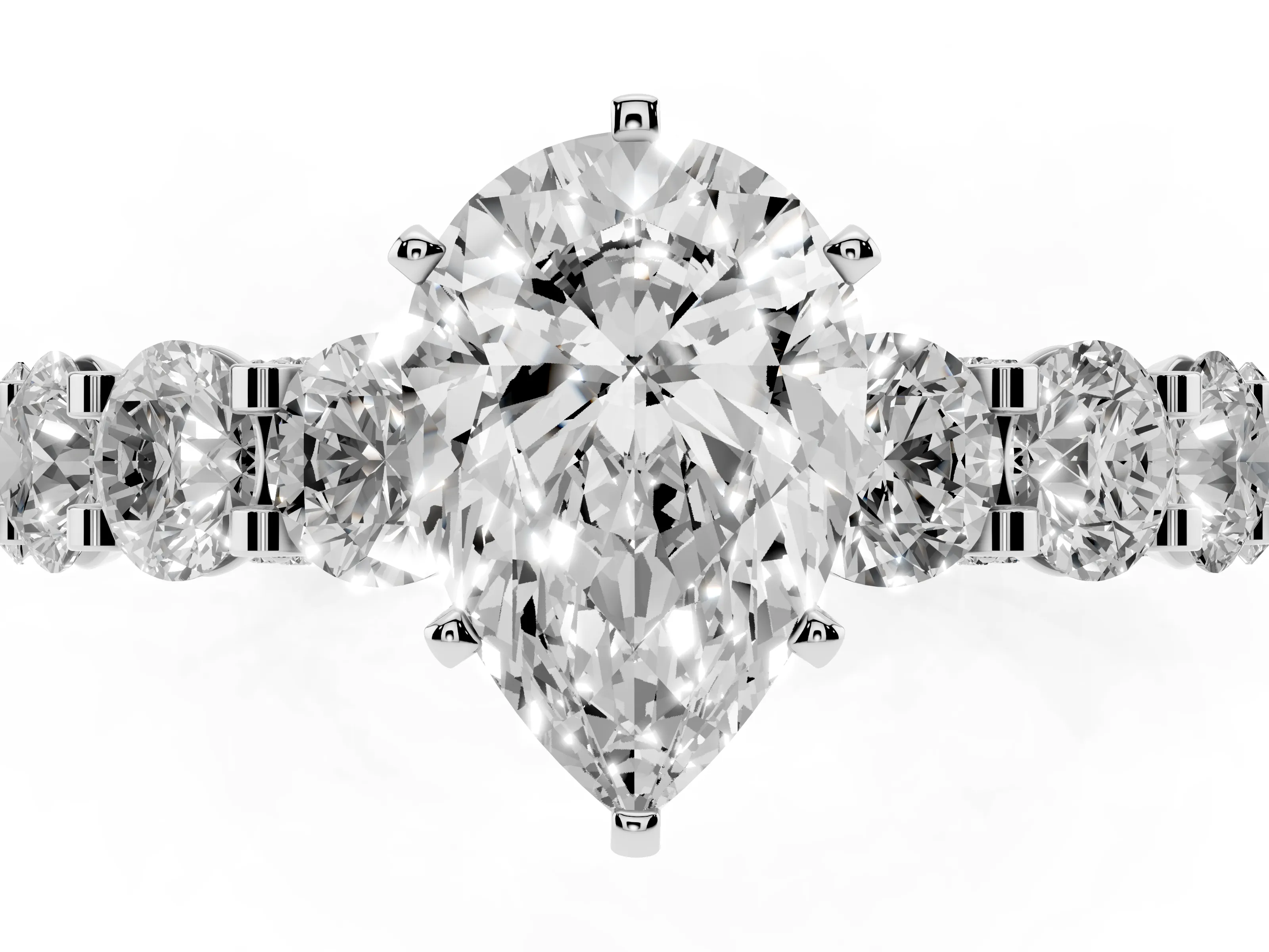 Pear Cut Diamond Side Stone Ring Set in White gold with Alternating Round and Oval Side Stones
