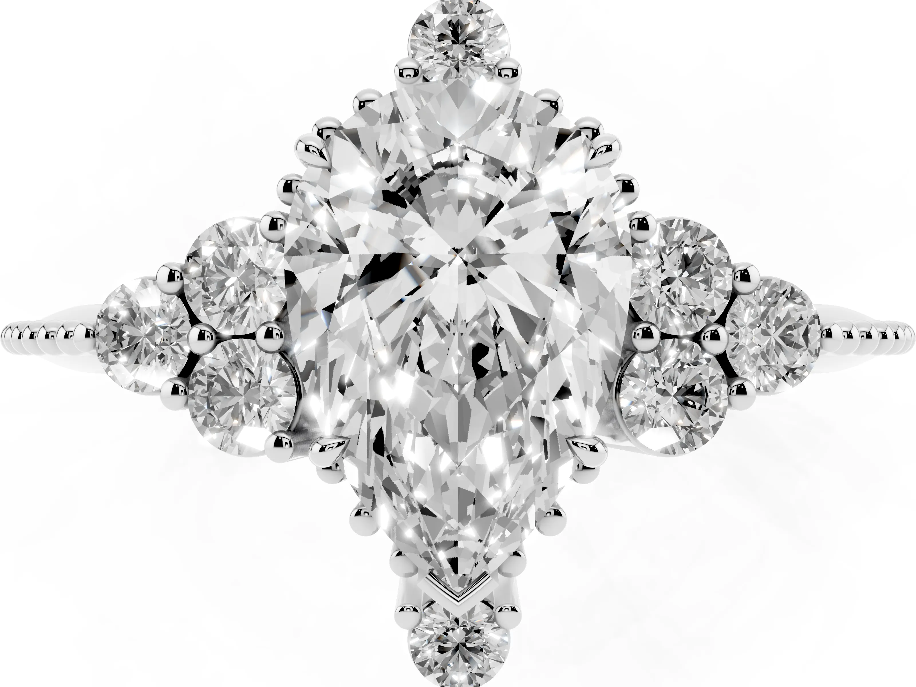 Pear Cut Diamond Cluster Ring Set in White gold with Beaded Band