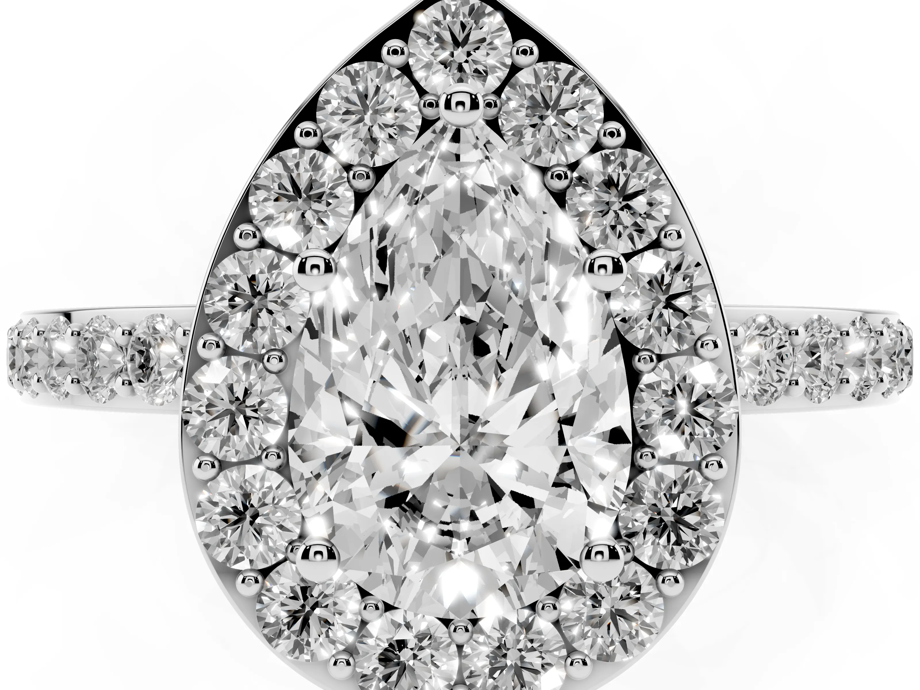 Pear Cut Diamond Halo Ring Set in Platinum with Pavé-Setting Band and Open Prong Center