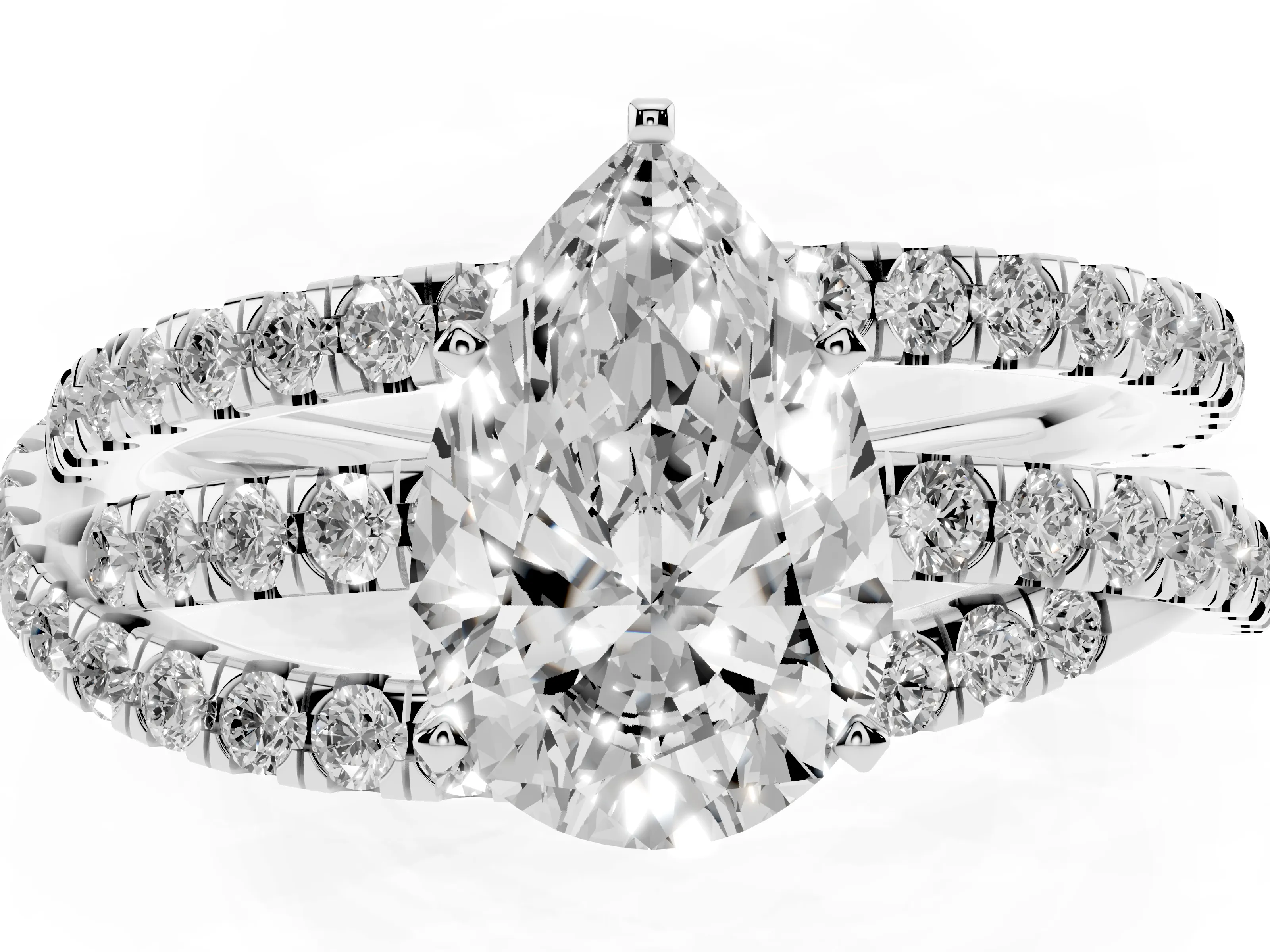 Pear Cut Diamond Solitaire Twist Band Ring Set in Silver with Pavé Setting and Prong Head