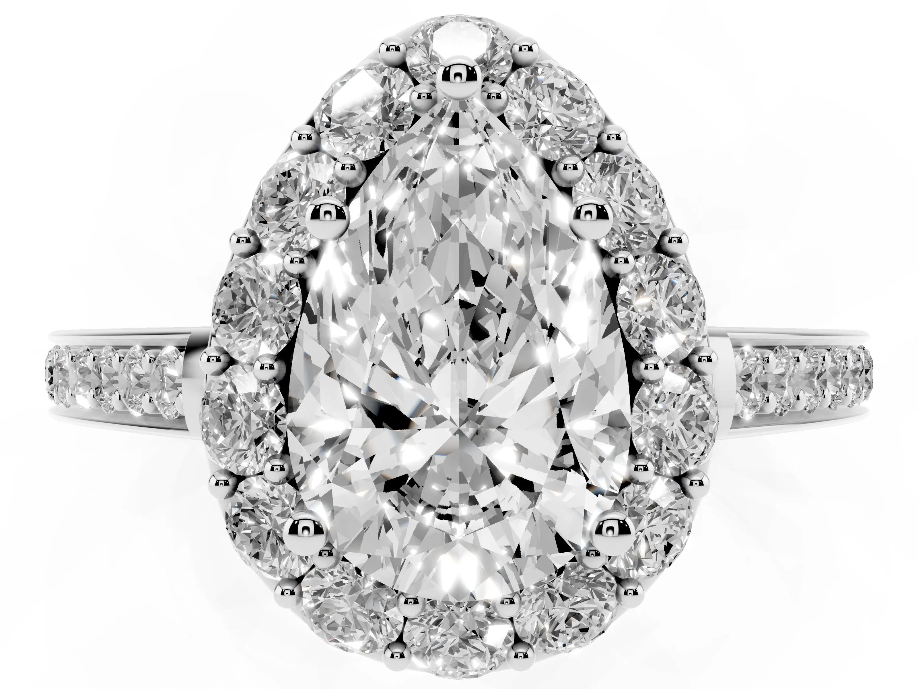 Pear Cut Diamond Floral Halo Ring Set in White gold with Pavé Band and Prong Setting