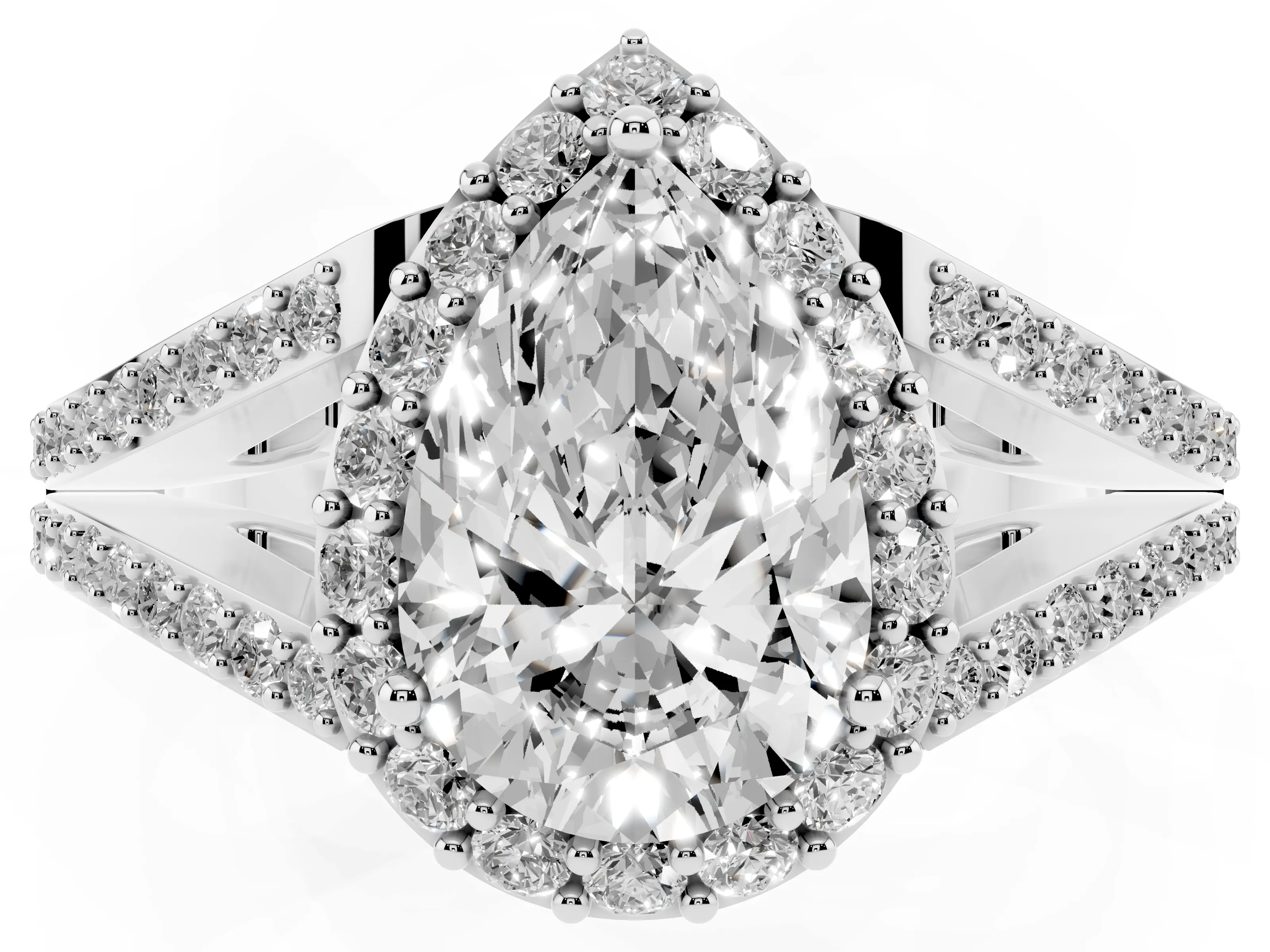 Pear Cut Diamond Halo Split Shank Pavé Ring Set in Silver with Prong Setting