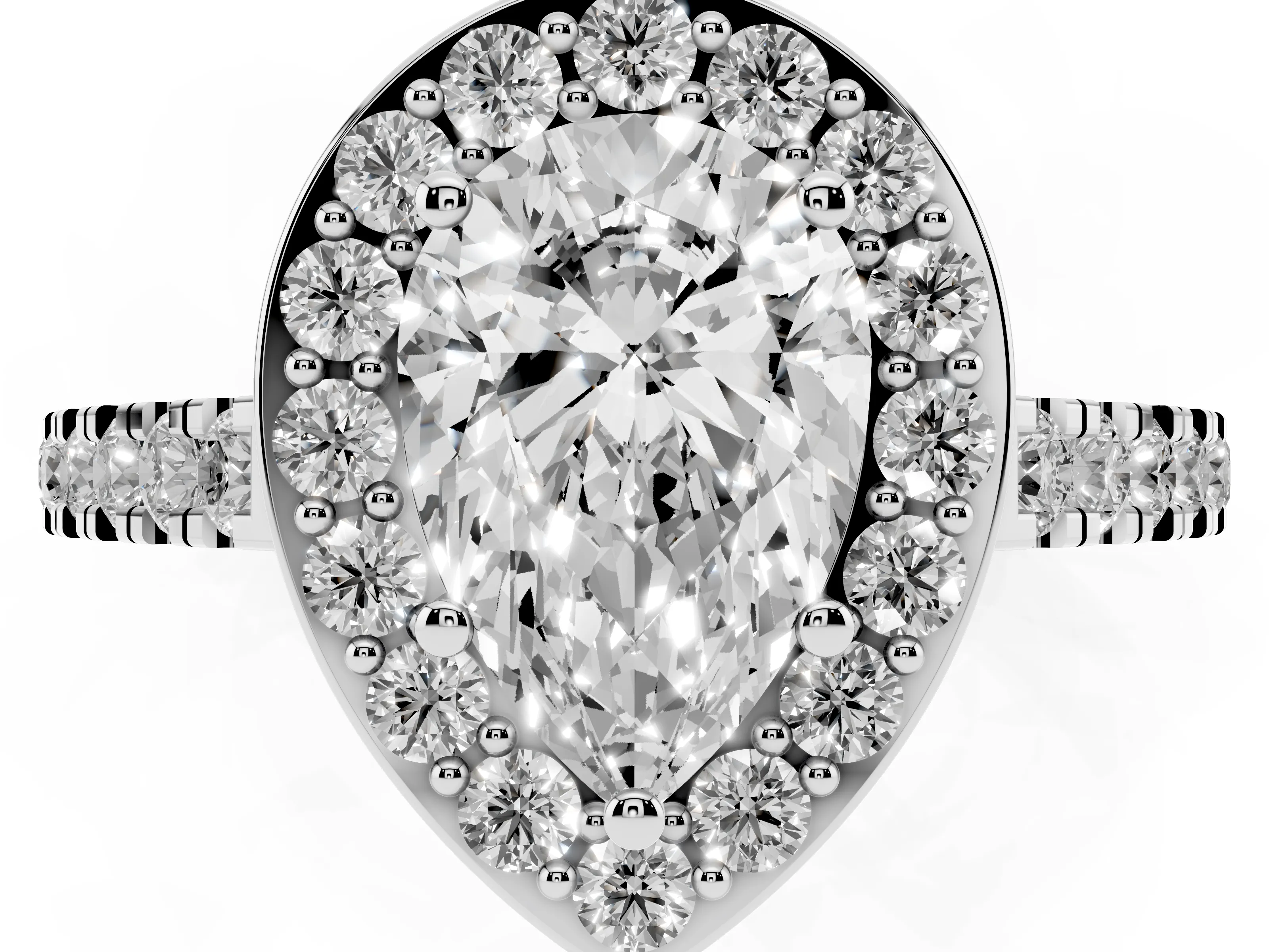 Pear Cut Diamond Halo Ring Set in Silver with Round Pavé Split Shank and Prong Setting