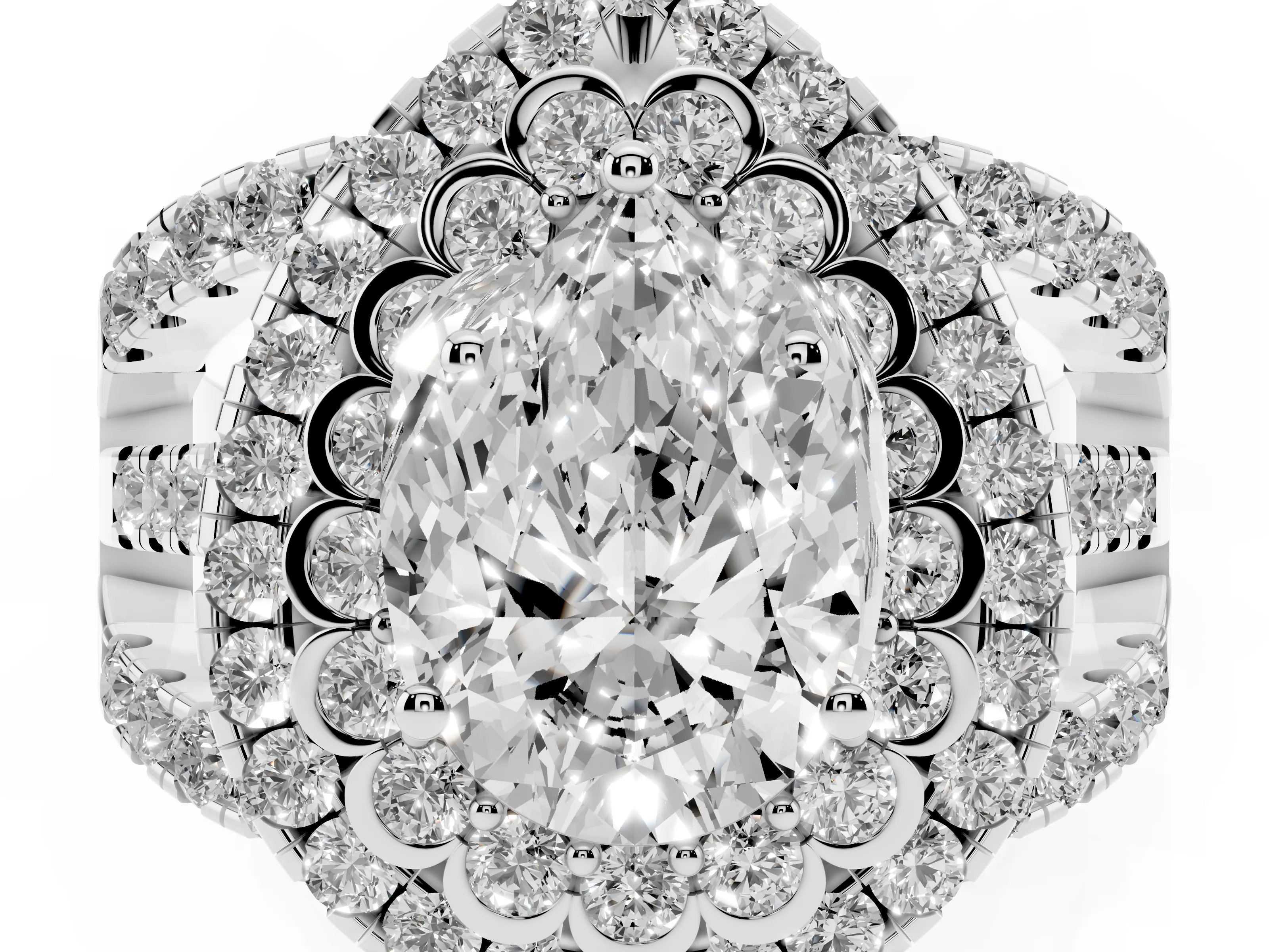 Pear Cut Diamond Double Halo Ring Set in Silver with Round Pavé Split Shank