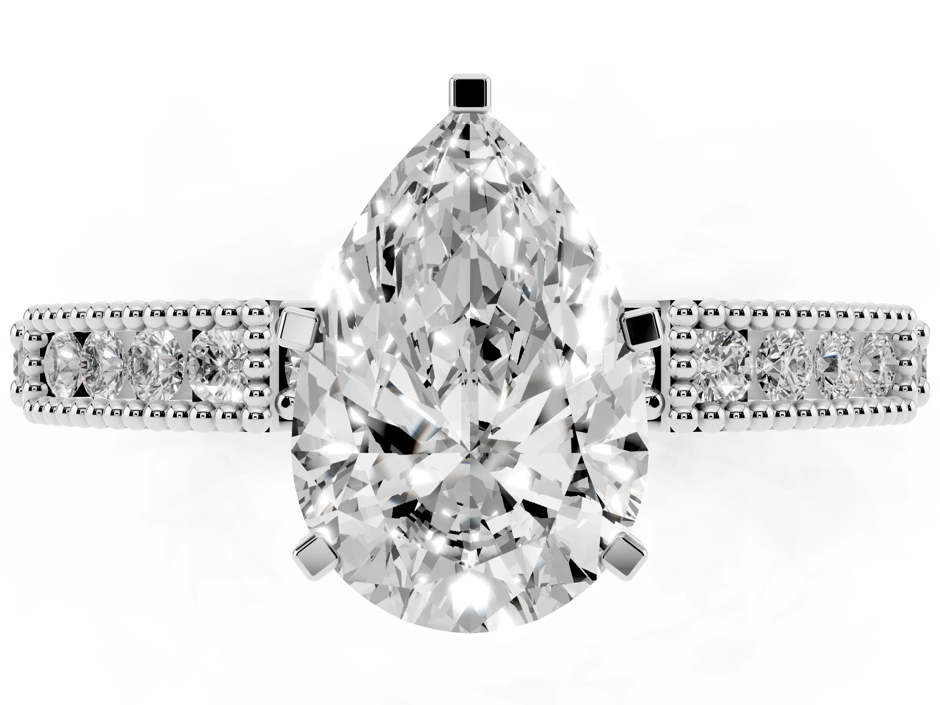 Pear Cut Diamond Solitaire Ring Set in Platinum with Slim Pavé Band and Prong Setting
