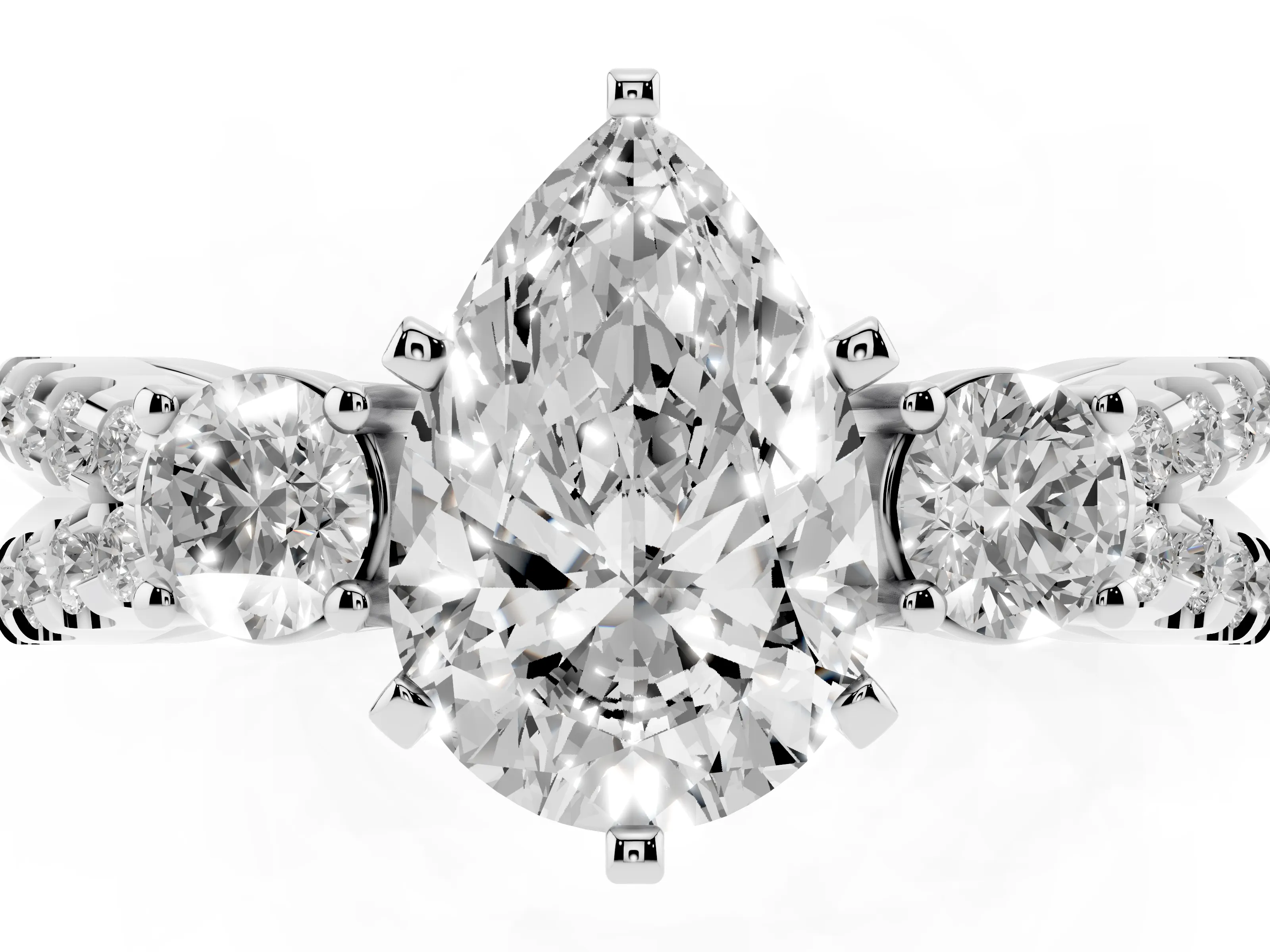 Pear Cut Diamond Three-Stone Ring Set in Silver with Pavé Split Shank and Prong Setting