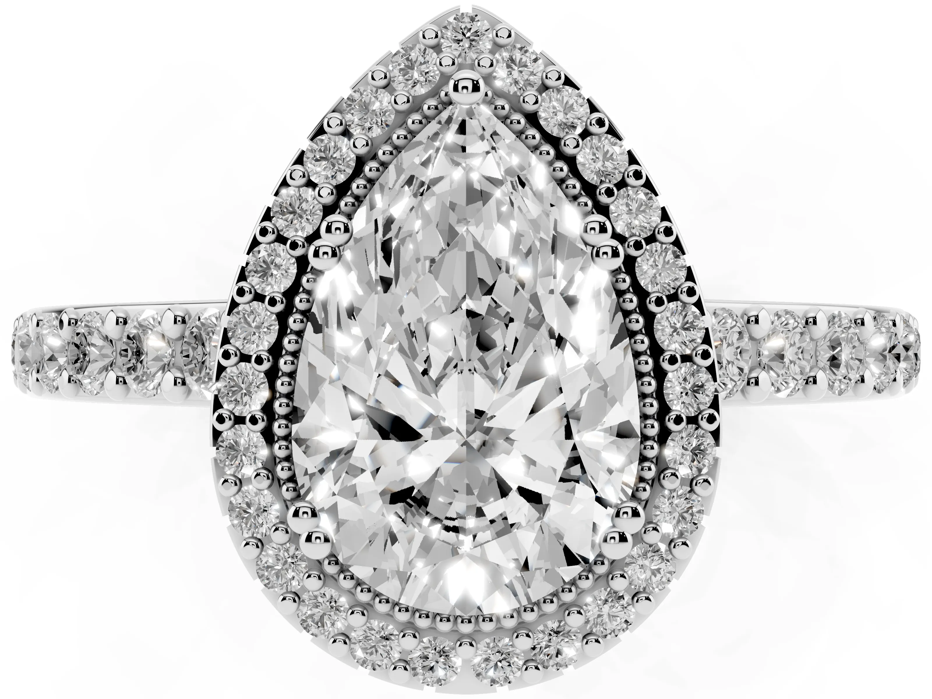 Pear Cut Diamond Halo Engagement Ring Set in Silver with Milgrain Detail and Pavé Band
