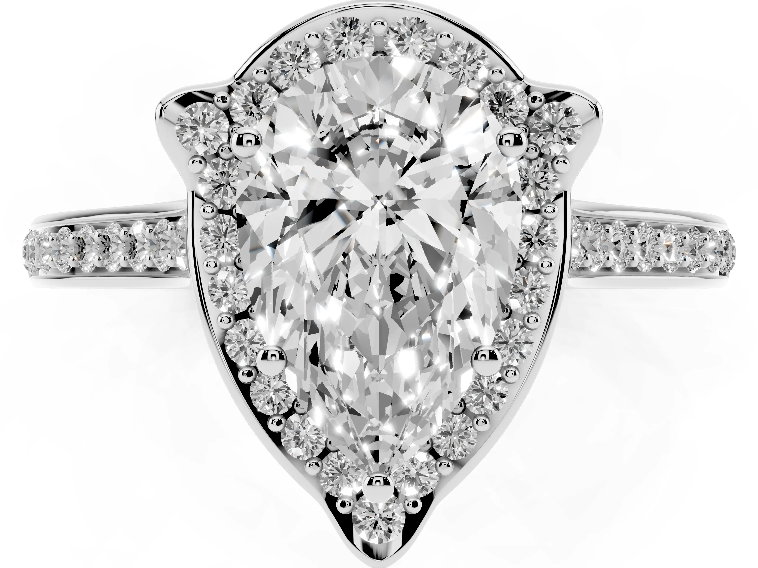 Pear Cut Diamond Halo Ring Set in Platinum with Pavé-Lined Shoulders and Prong Setting