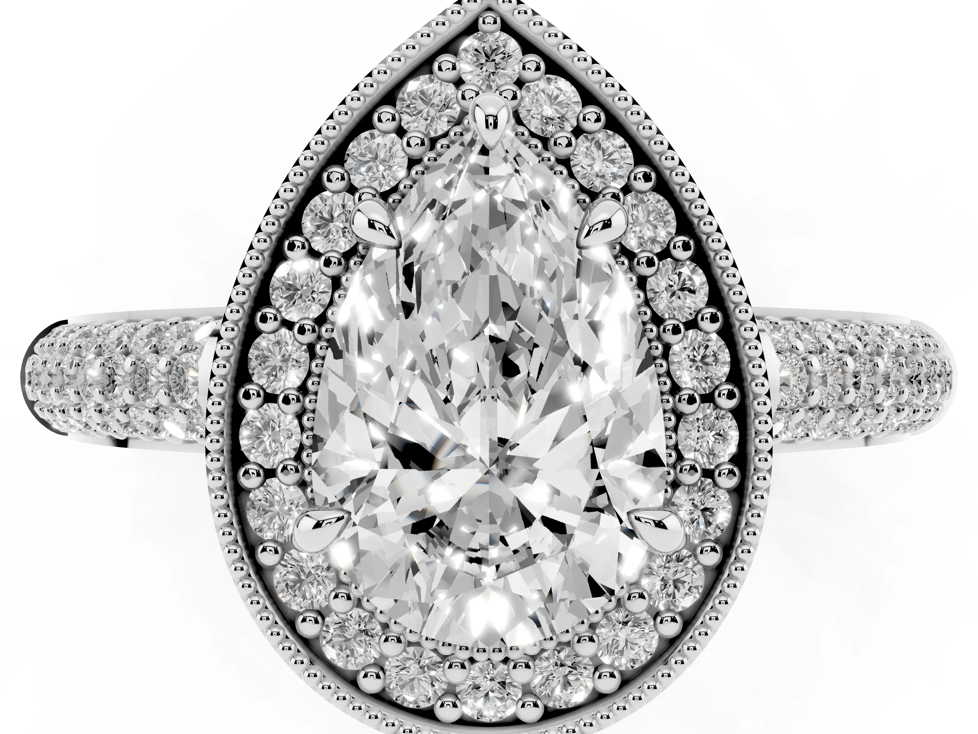 Pear Cut Diamond Halo Pavé Band Set in White gold with Prong Setting