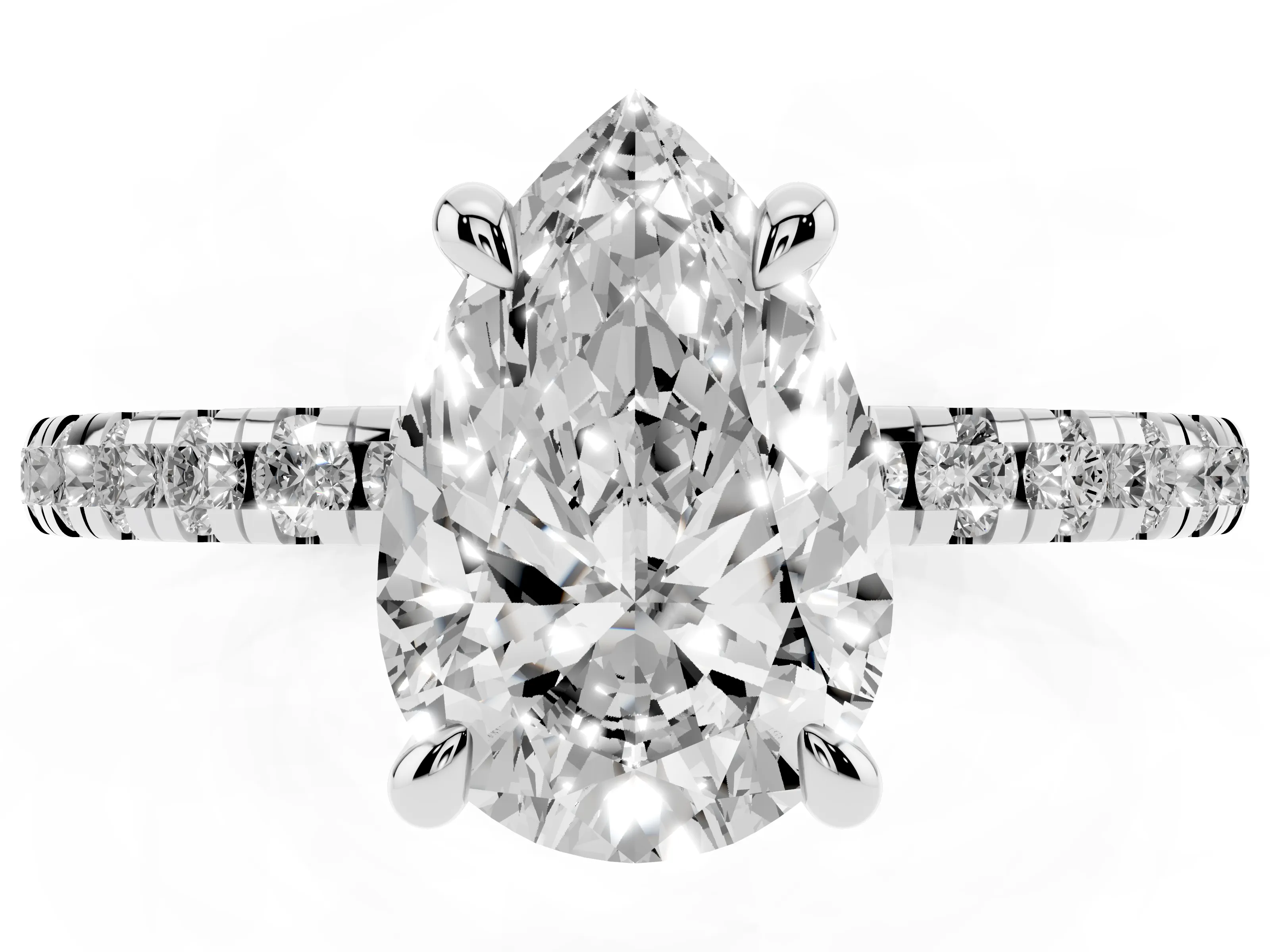Pear Cut Diamond Brilliant Solitaire Ring Set in White gold with Pavé Band and Prong Setting