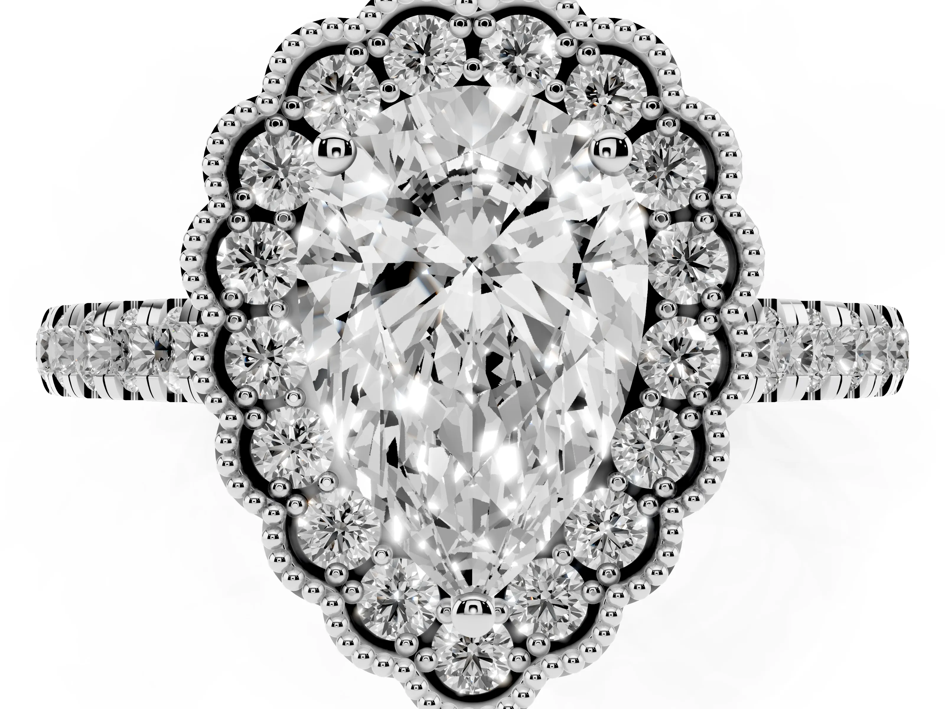 Pear Cut Diamond Milgrain Floral Halo Engagement Ring Set in White gold with Pavé Band