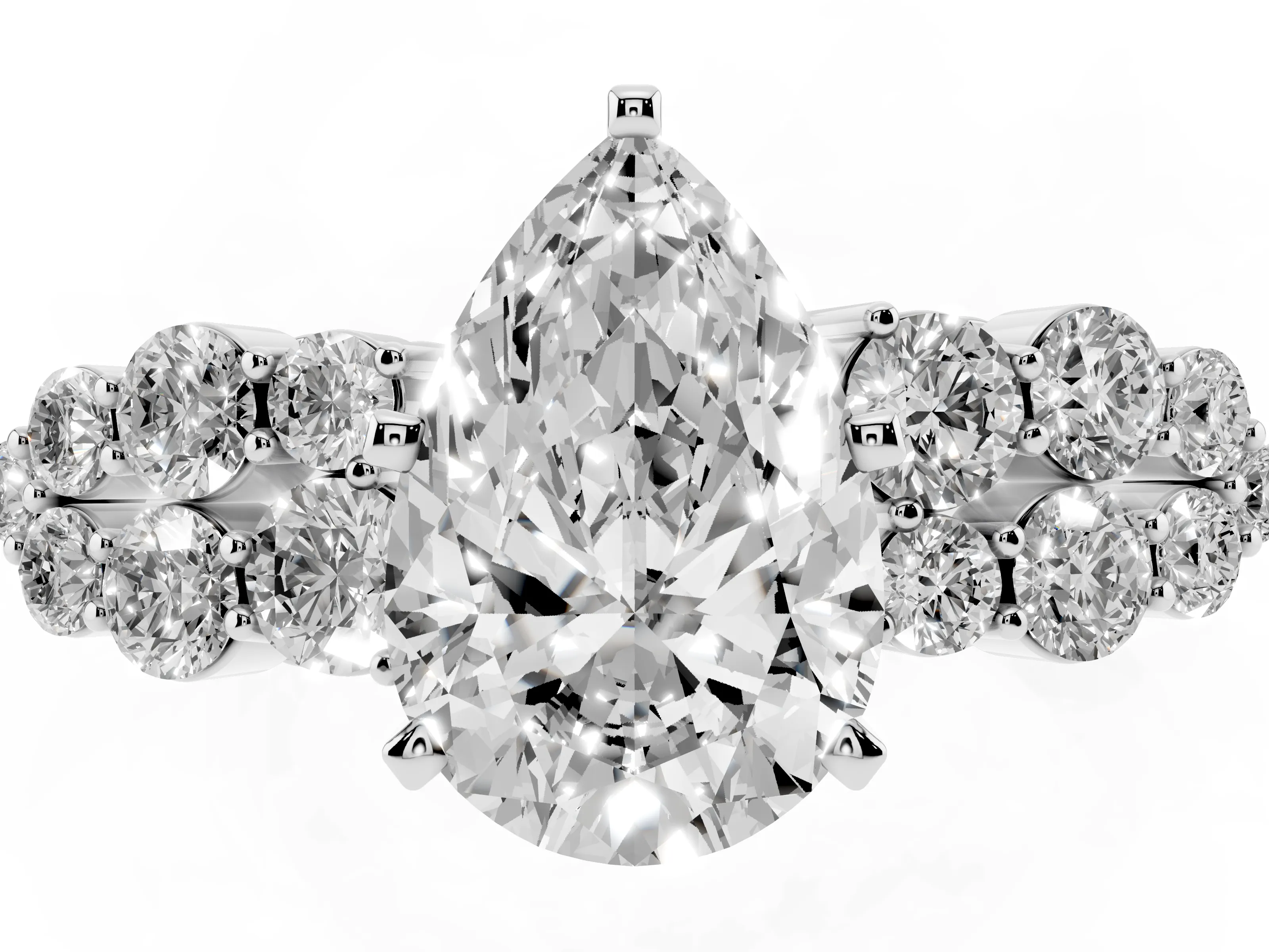 Pear Cut Diamond Cluster Engagement Ring Set in Silver with Pavé Band and Prong Setting