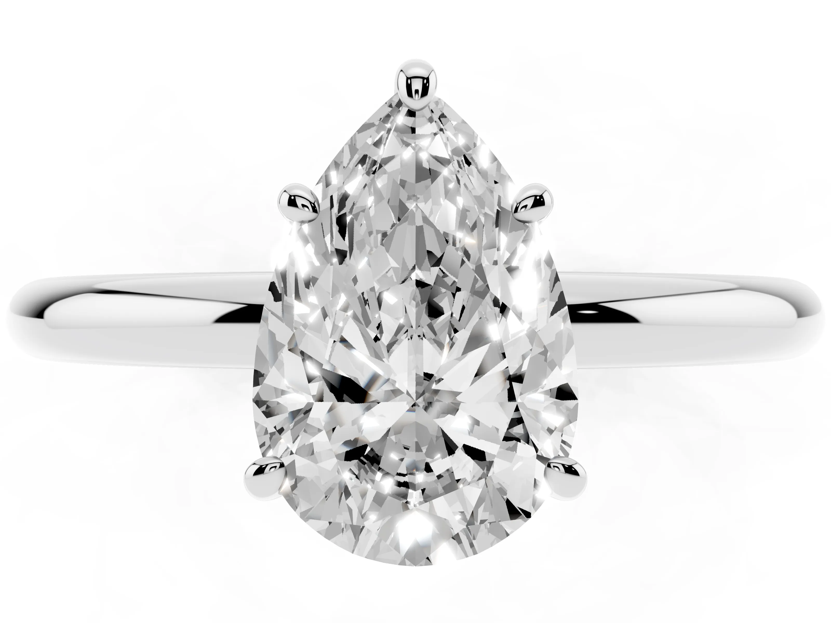 Pear Cut Diamond Solitaire Ring Set in White gold with Prong Setting on a Polished Plain Band