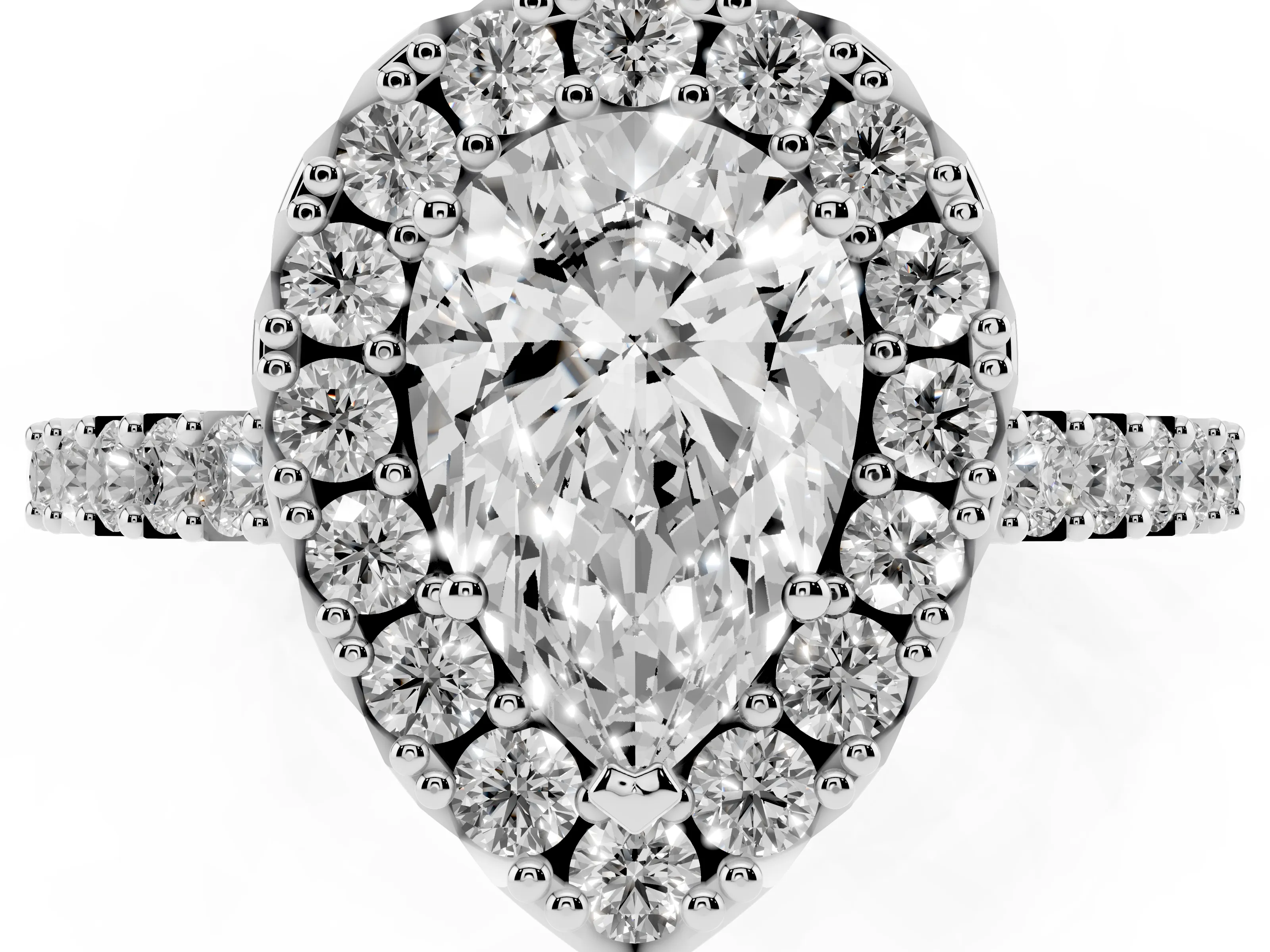 Pear Cut Diamond Halo Pavé Solitaire Ring Set in Silver with Prong-Set Center Stone