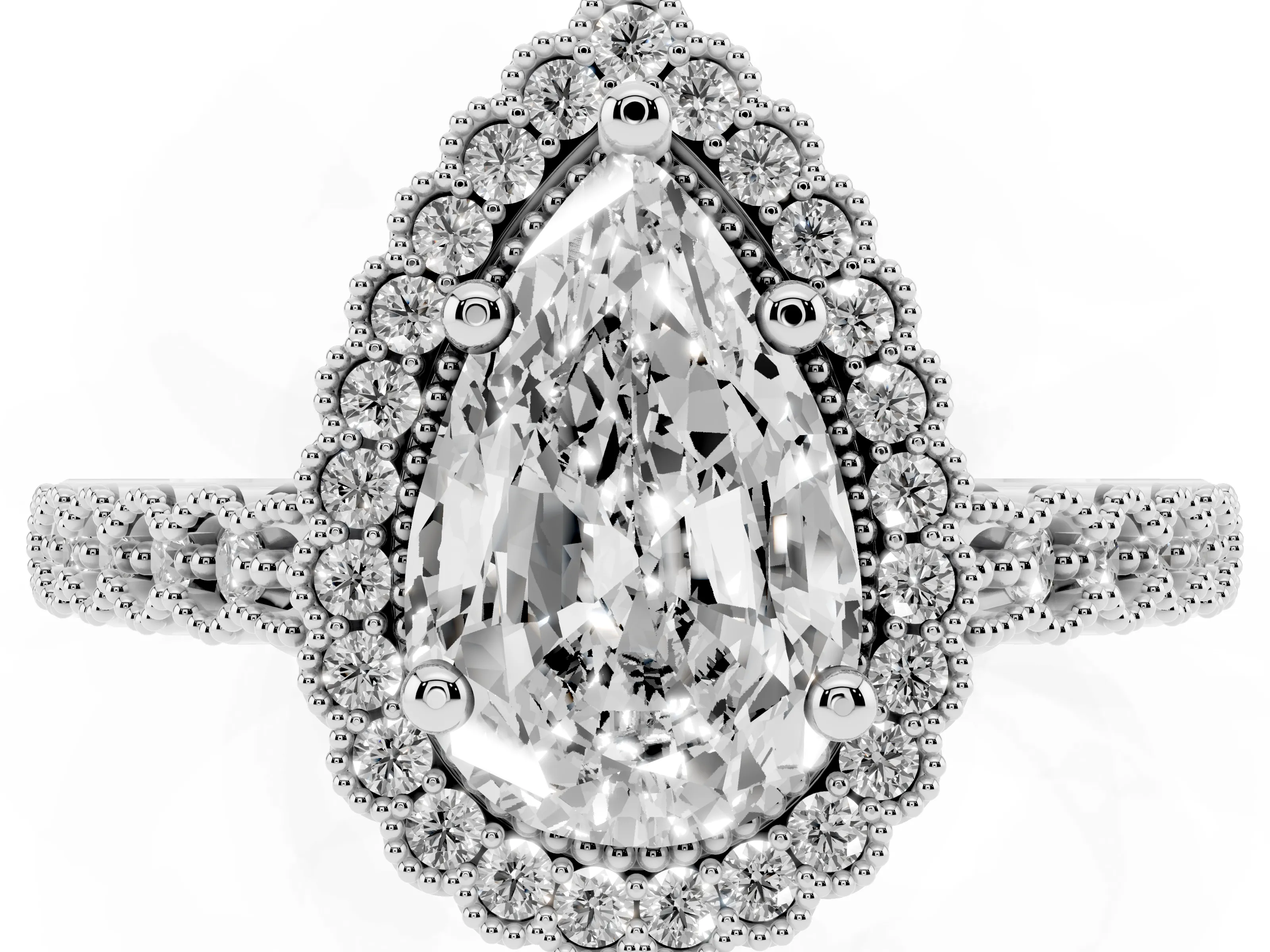 Pear Cut Diamond Halo Ring Set in Platinum with Pavé Milgrain Band