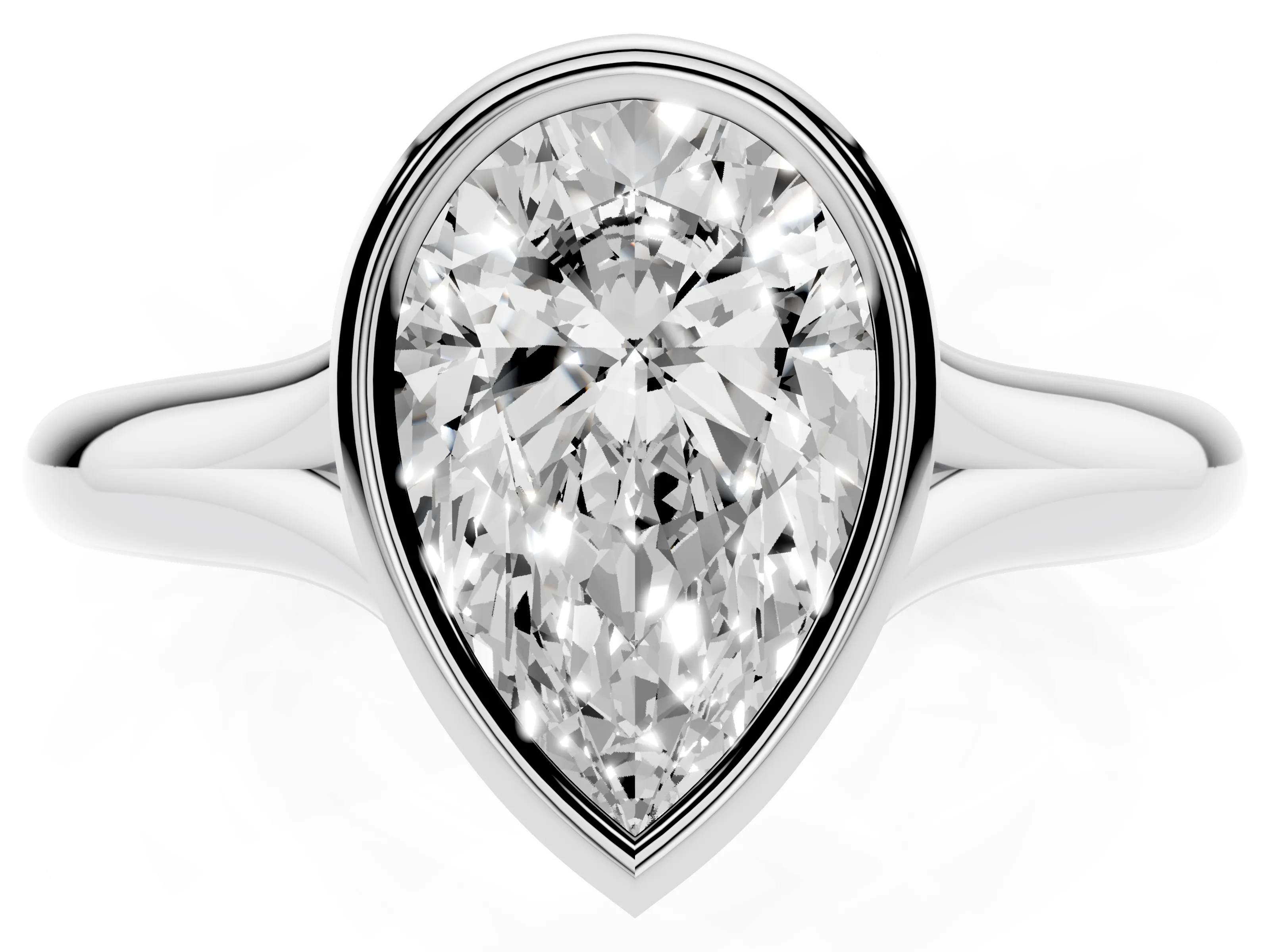 Bezel Set Pear Cut Diamond Solitaire Ring Set in Platinum with Smooth Band