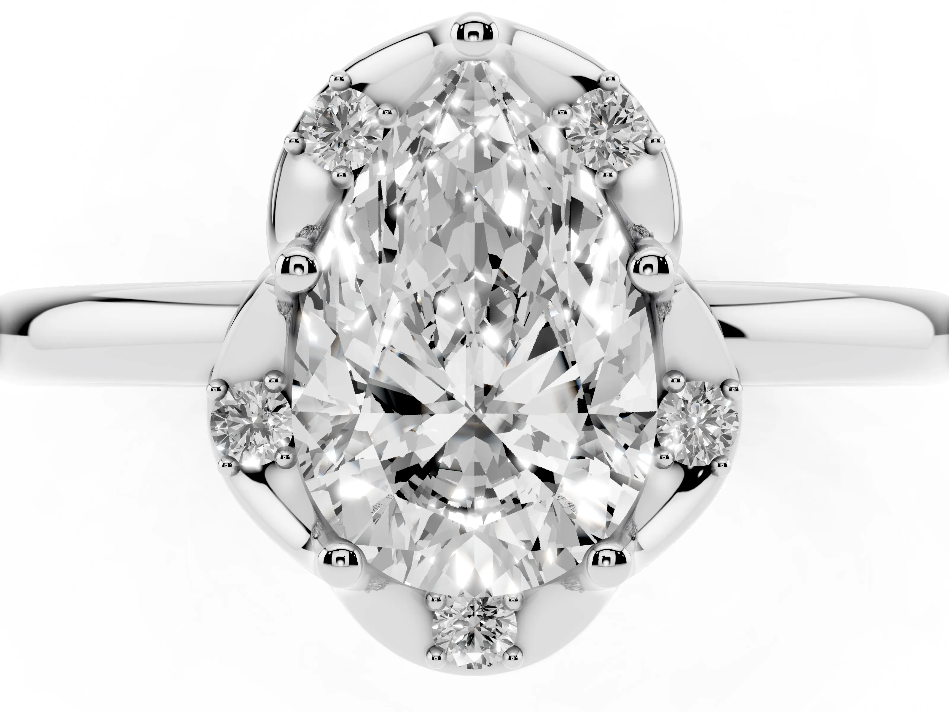Pear Cut Diamond Round Cluster Halo Ring Set in Silver with Solitaire Band and Prong Setting