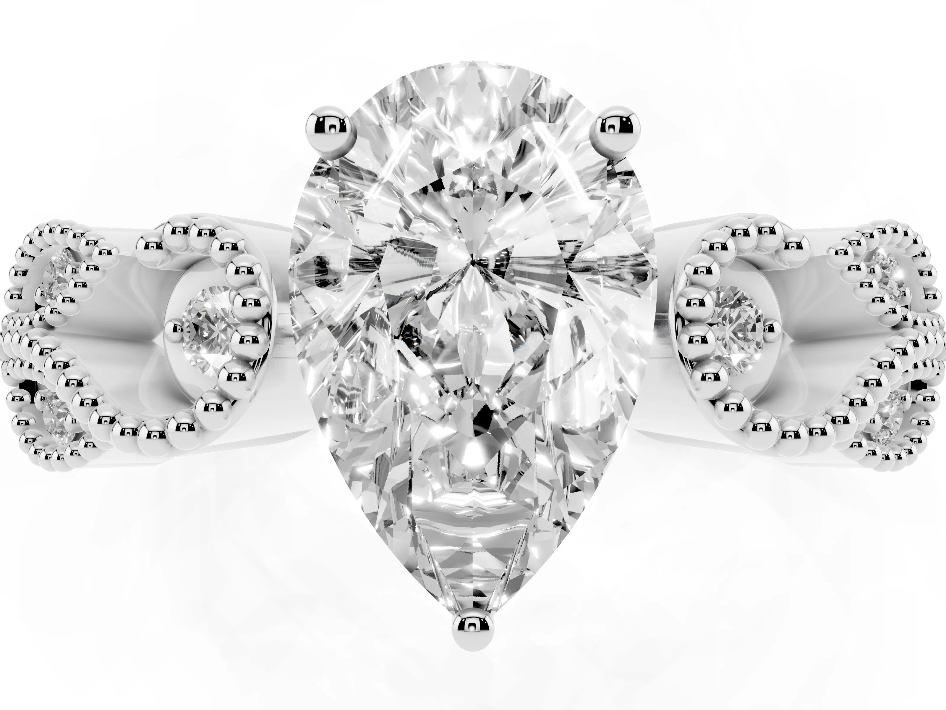 Pear Cut Diamond Milgrain Leaf Band Solitaire Ring Set in White gold with Accent Stones and Prong Setting