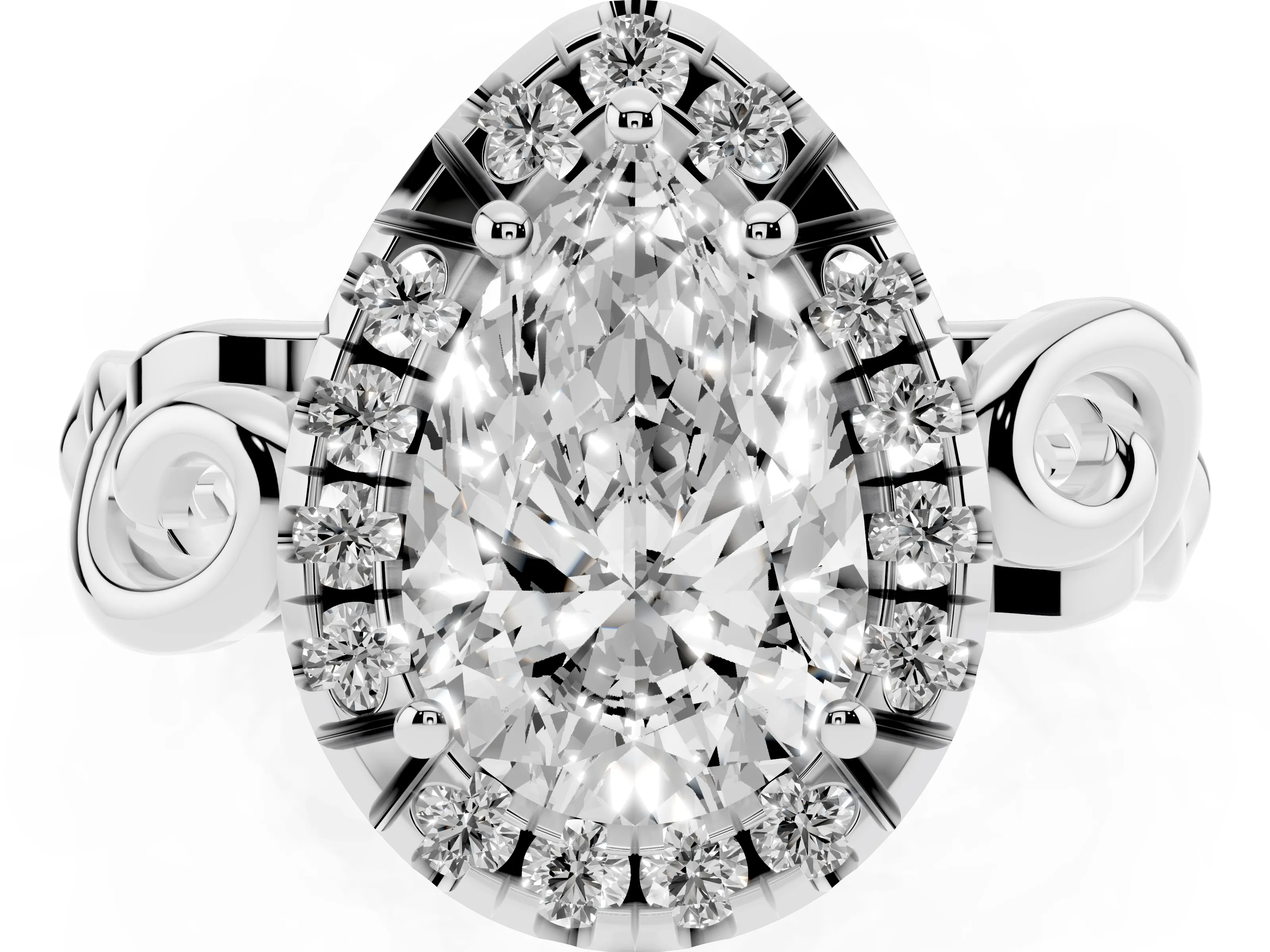 Pear Cut Diamond Halo Ring Set in Platinum with Scrollwork Band and Prong Setting