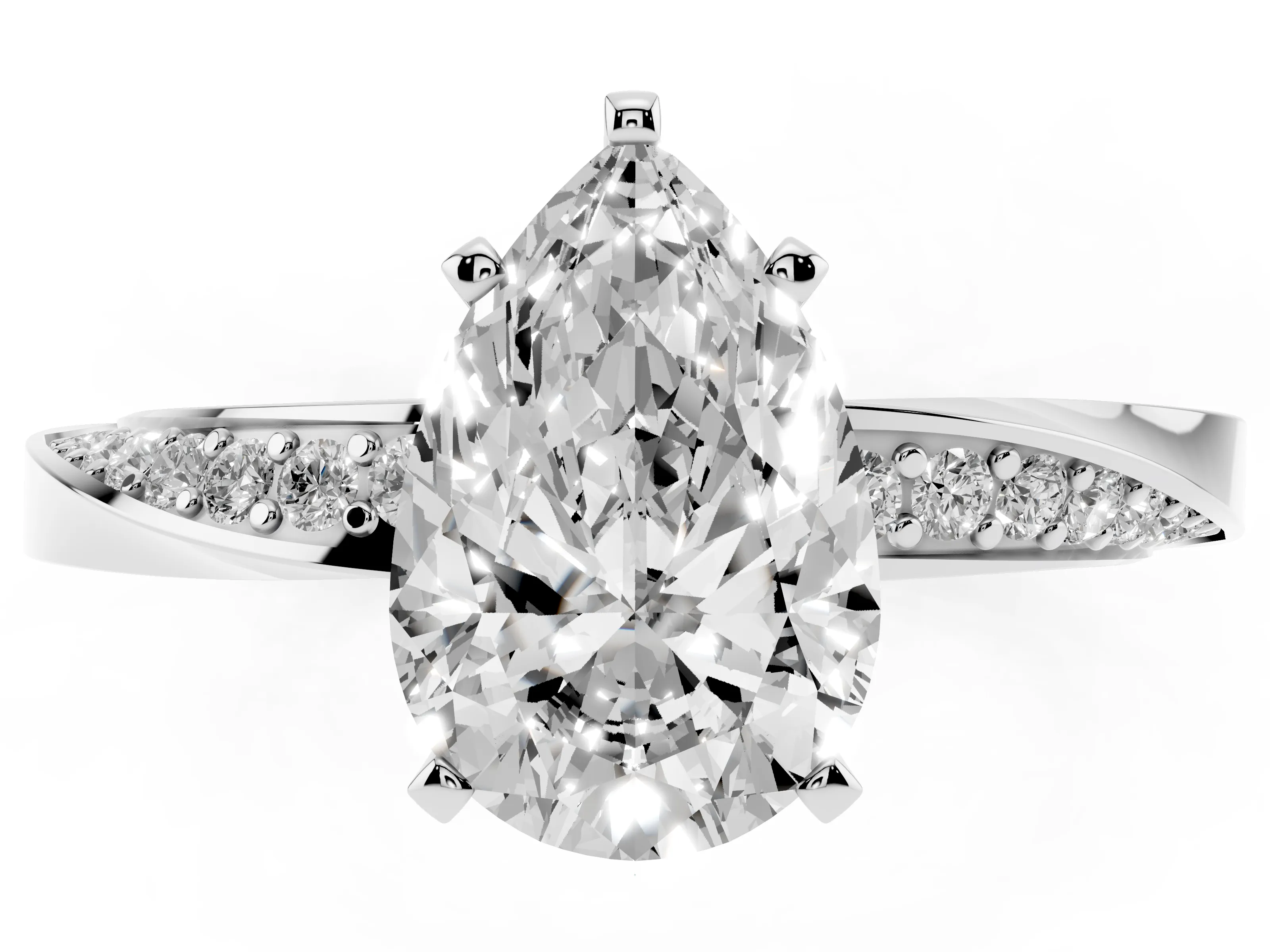 Pear Cut Diamond Engagement Ring Set in Silver with Side Stone Accents and Prong Setting