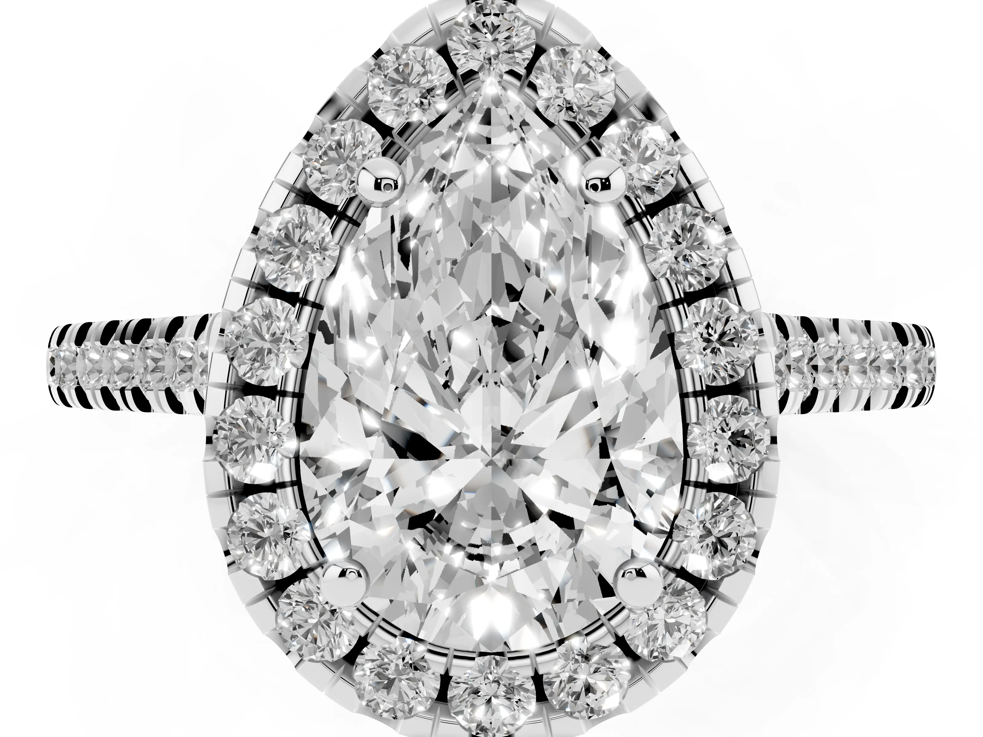 Pear Cut Diamond Cushion Halo Ring Set in White gold with Pavé Band