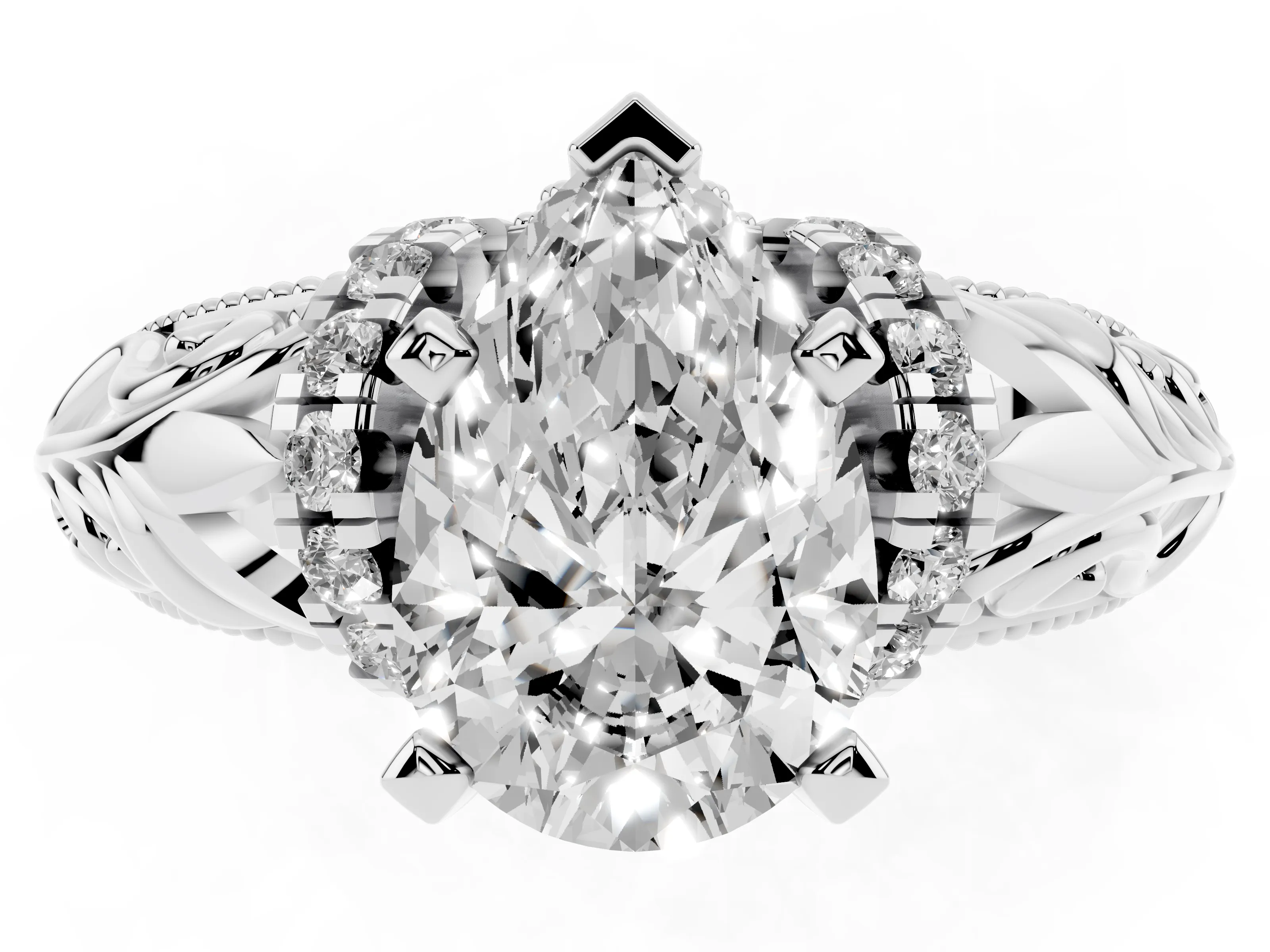 Pear Cut Diamond Filigree Halo Engagement Ring Set in White gold with Prong Setting