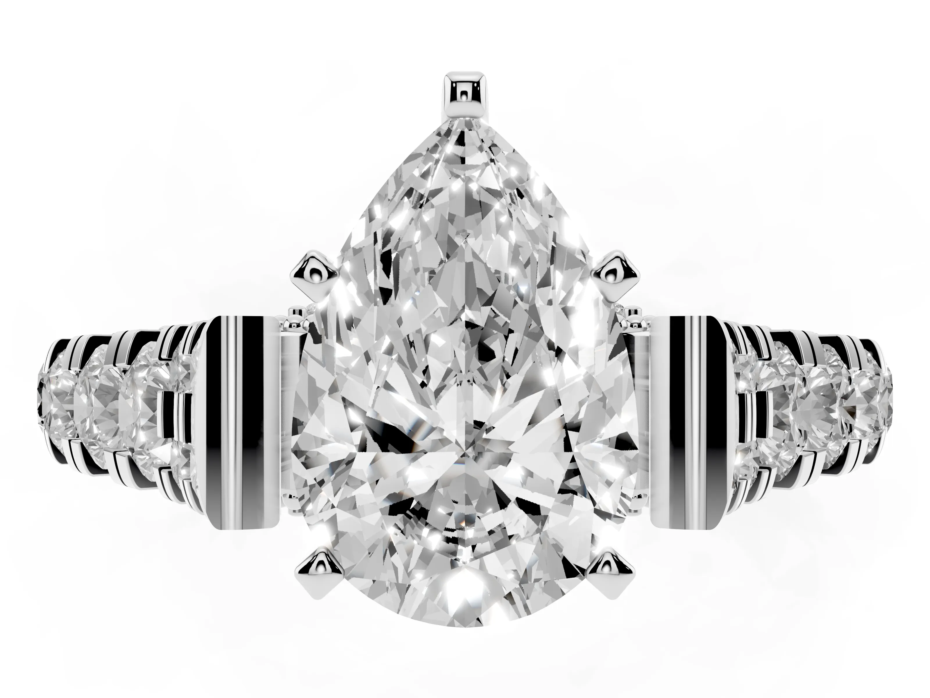 Pear Cut Diamond Classic Solitaire Ring Set in Platinum with Pavé Band and Prong Setting