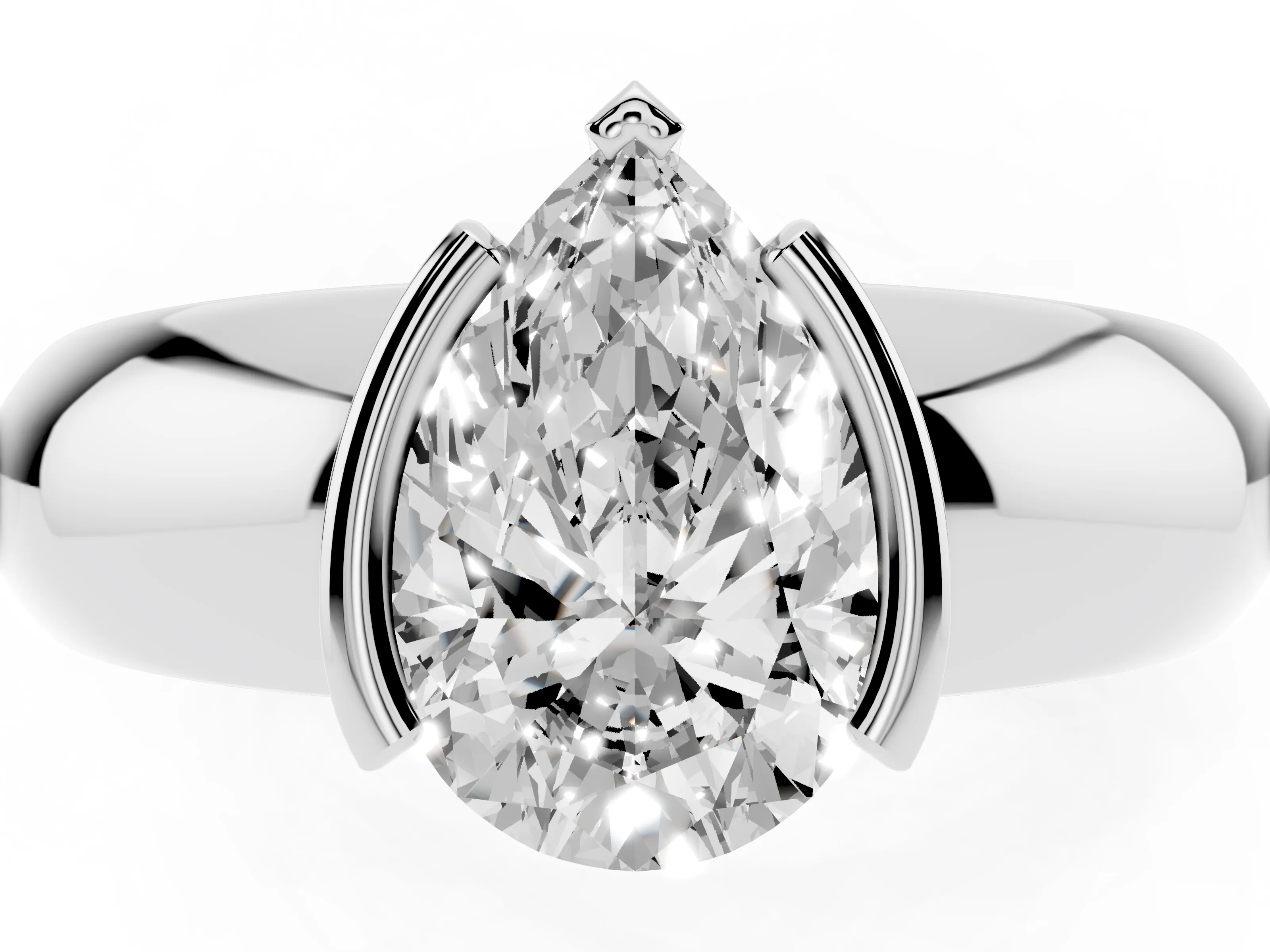 Pear Cut Diamond Solitaire Tension Set Ring Set in White gold with Wide Band