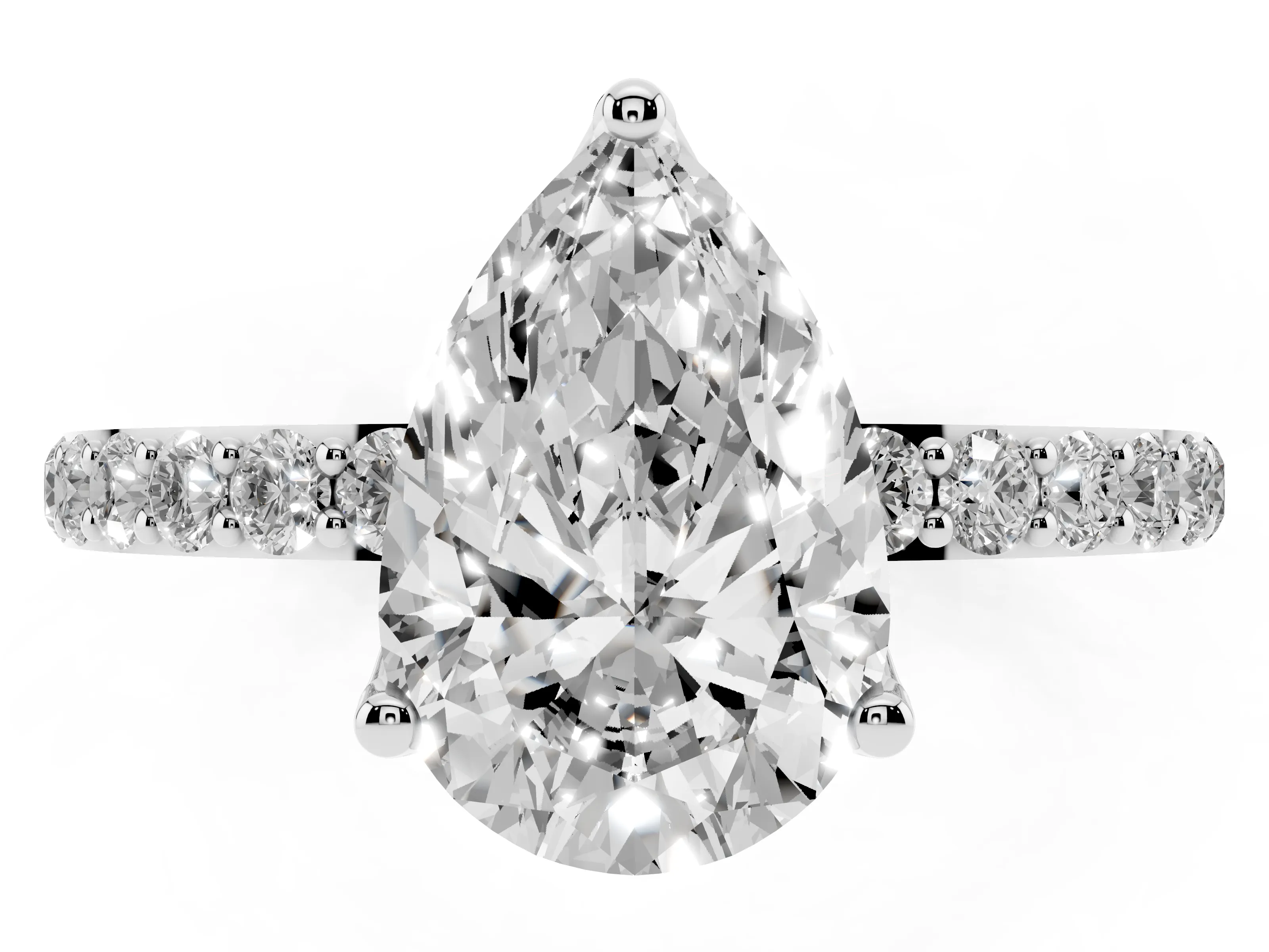 Pear Cut Diamond Solitaire Engagement Ring Set in White gold with Round Pavé Band and Prong Setting