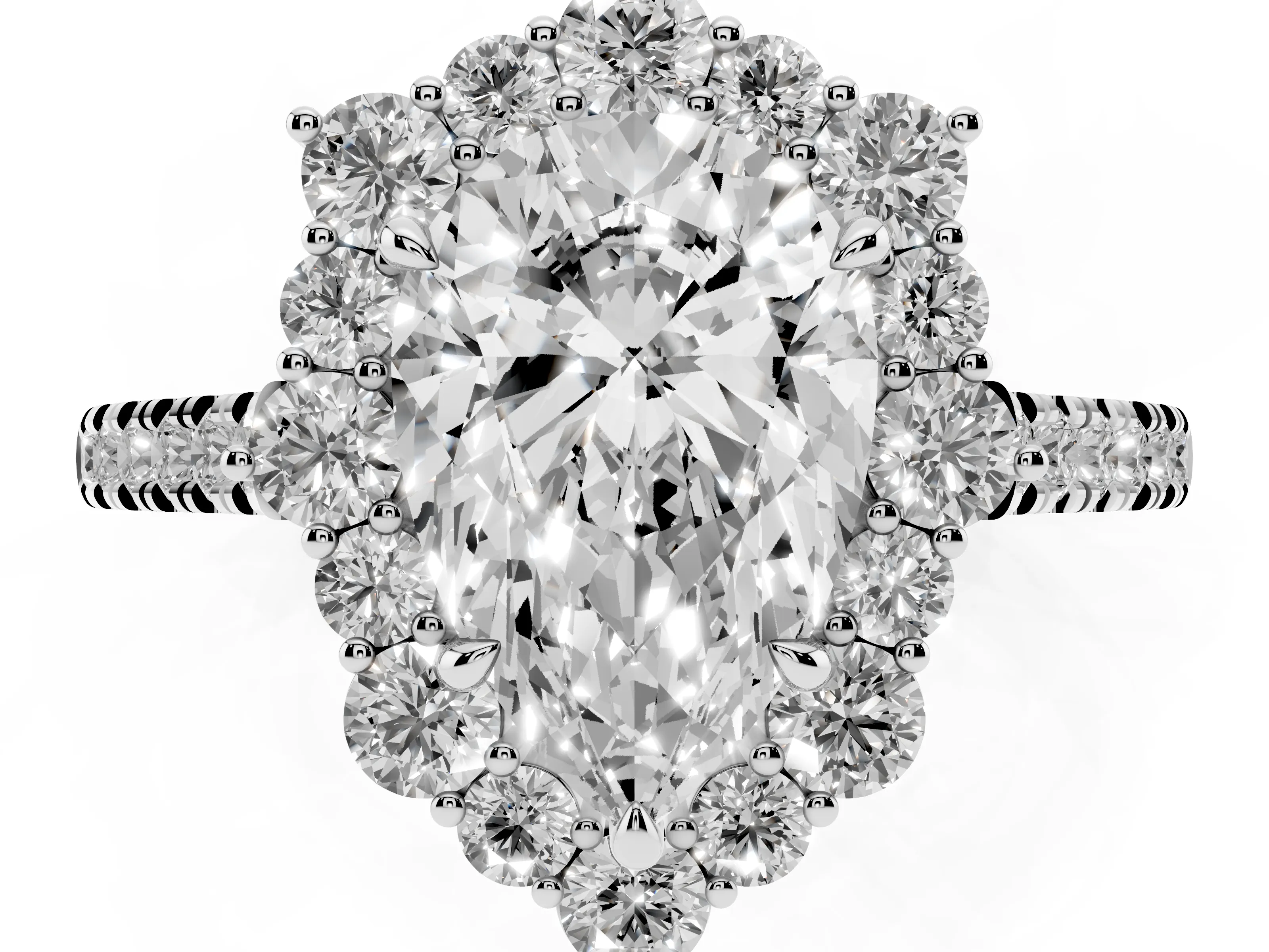 Pear Cut Diamond Halo Ring Set in White gold with Pavé Band and Prong Setting
