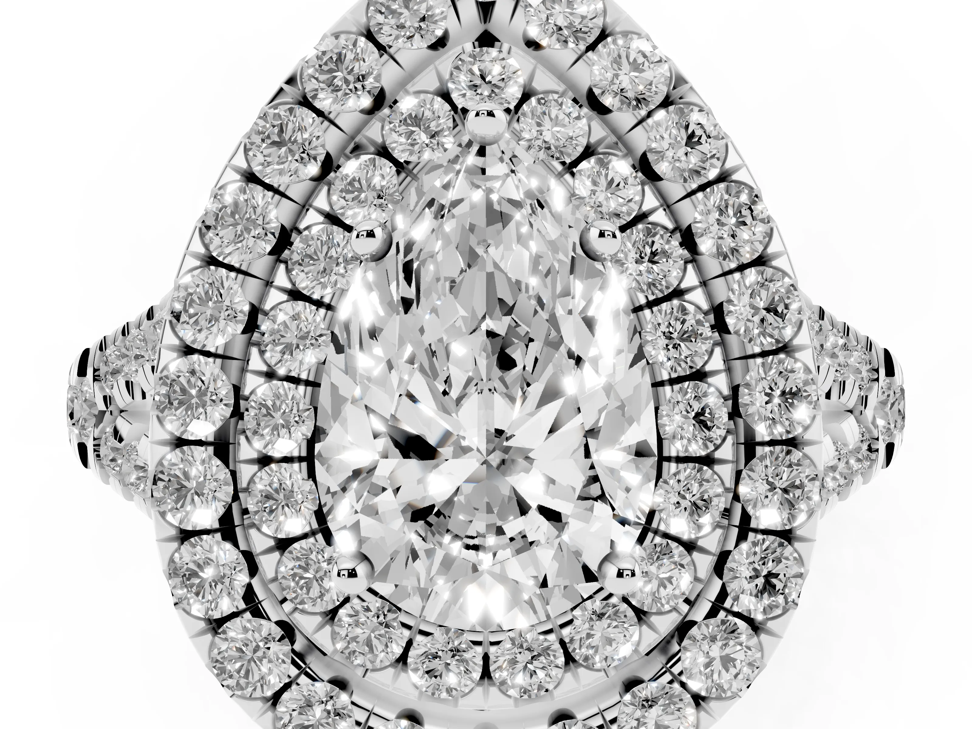 Pear Cut Diamond Double Halo Ring Set in Silver with Pavé Split Shank and Prong Setting