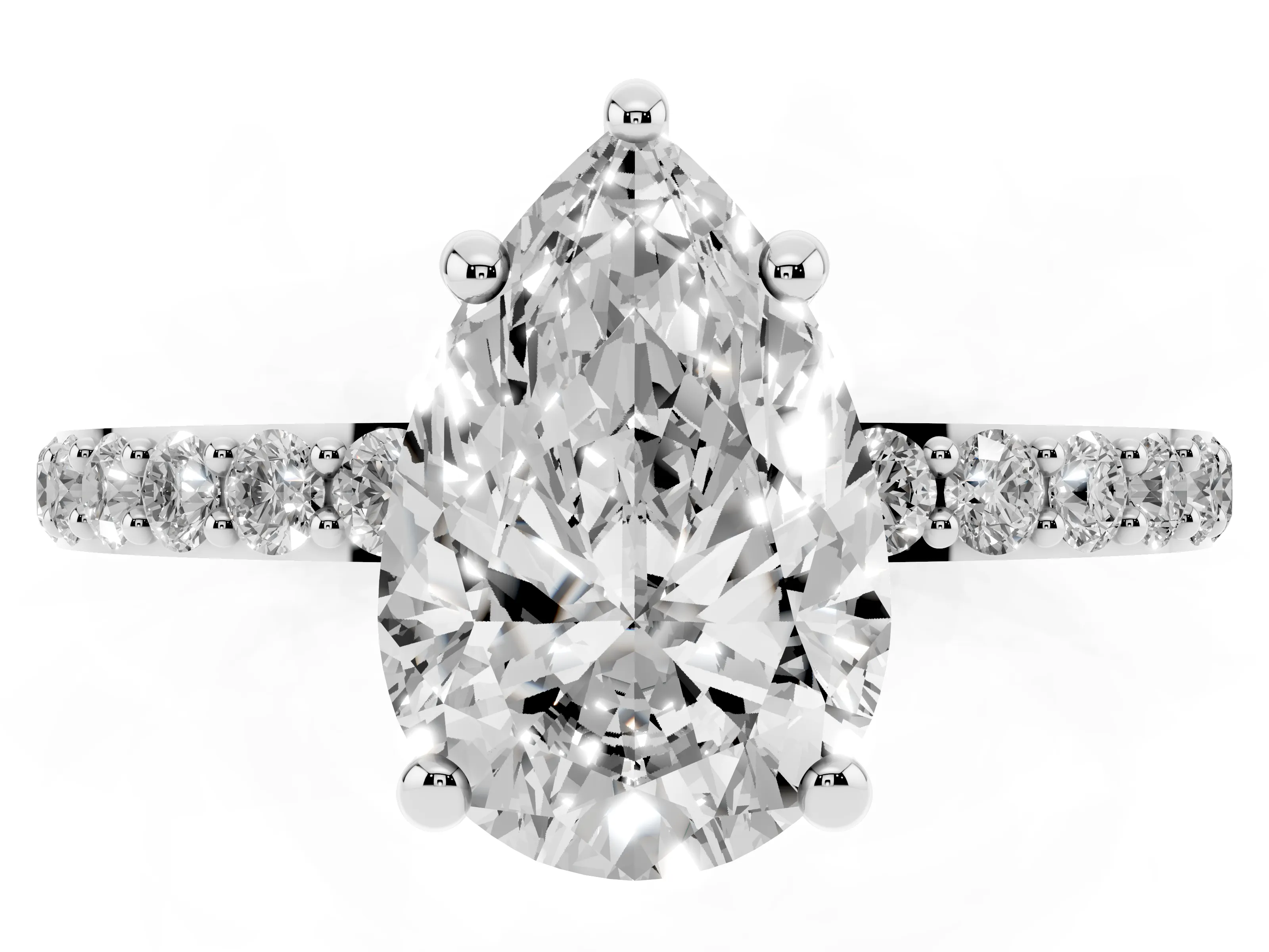 Pear Cut Diamond Solitaire Ring Set in Platinum with Round Pavé Band and Prong Setting