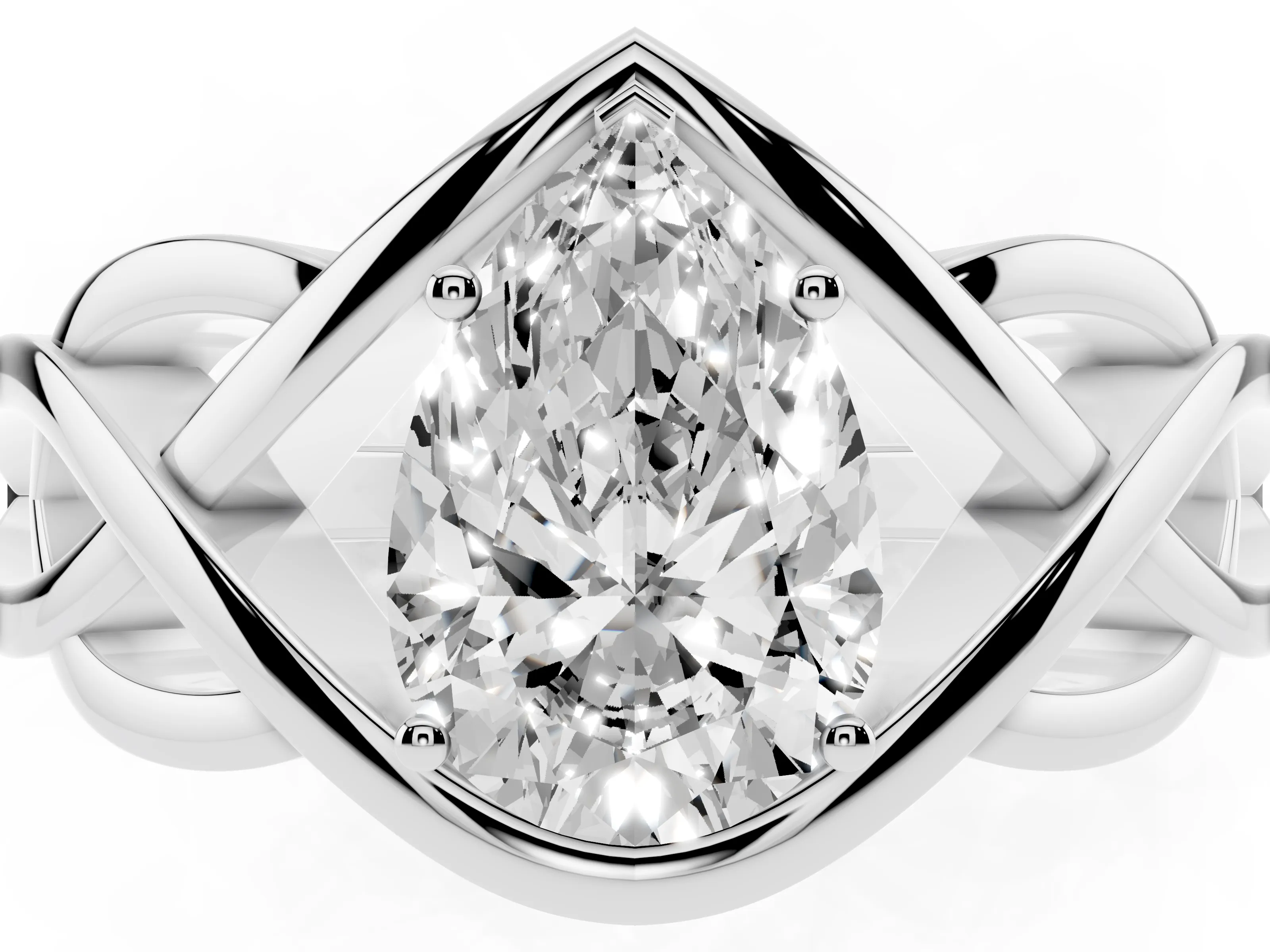 Pear Cut Diamond Solitaire Ring Set in Silver with Intertwined Band