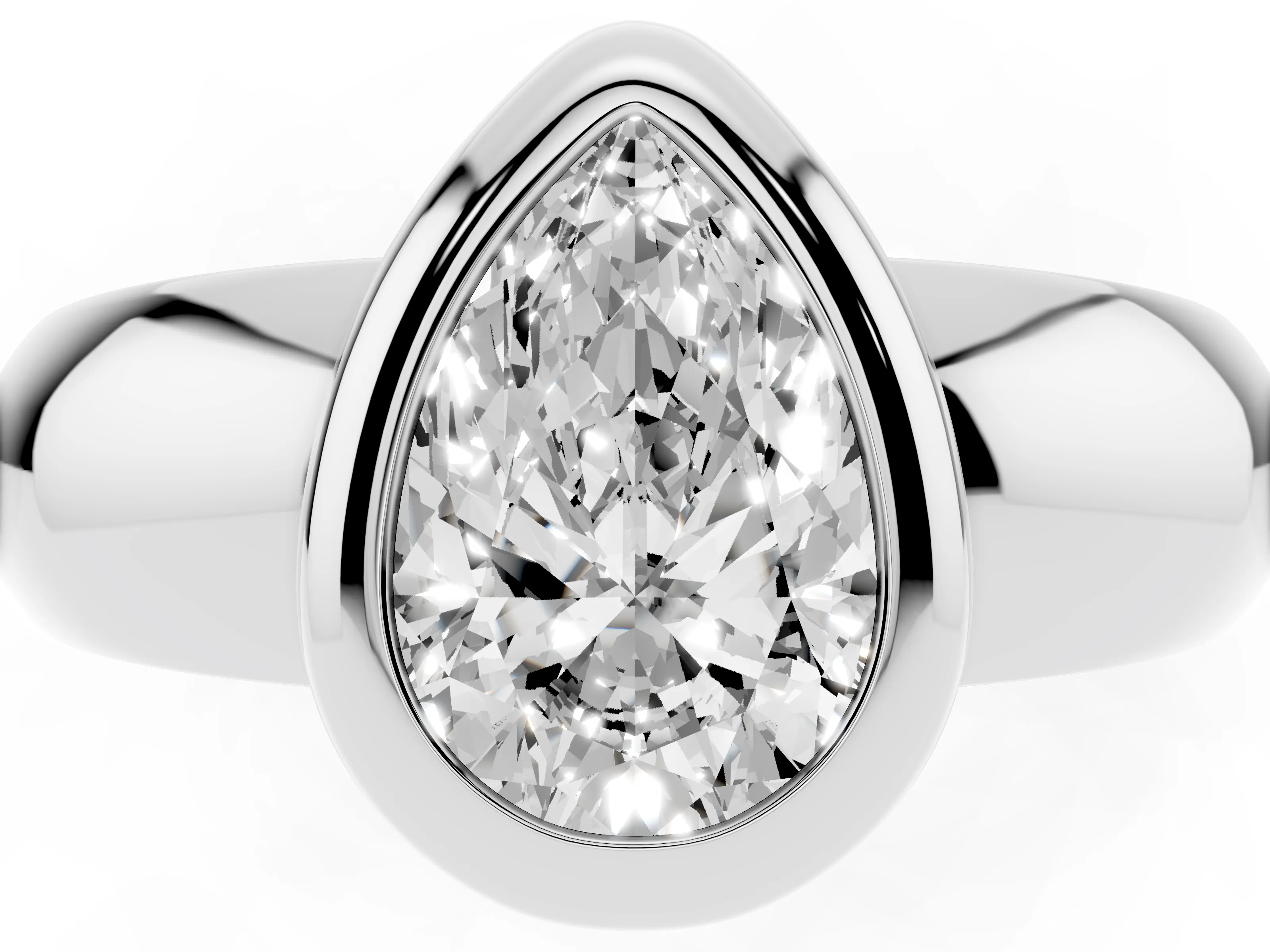Bezel Set Pear Cut Diamond Solitaire Ring Set in Platinum with Wide Band