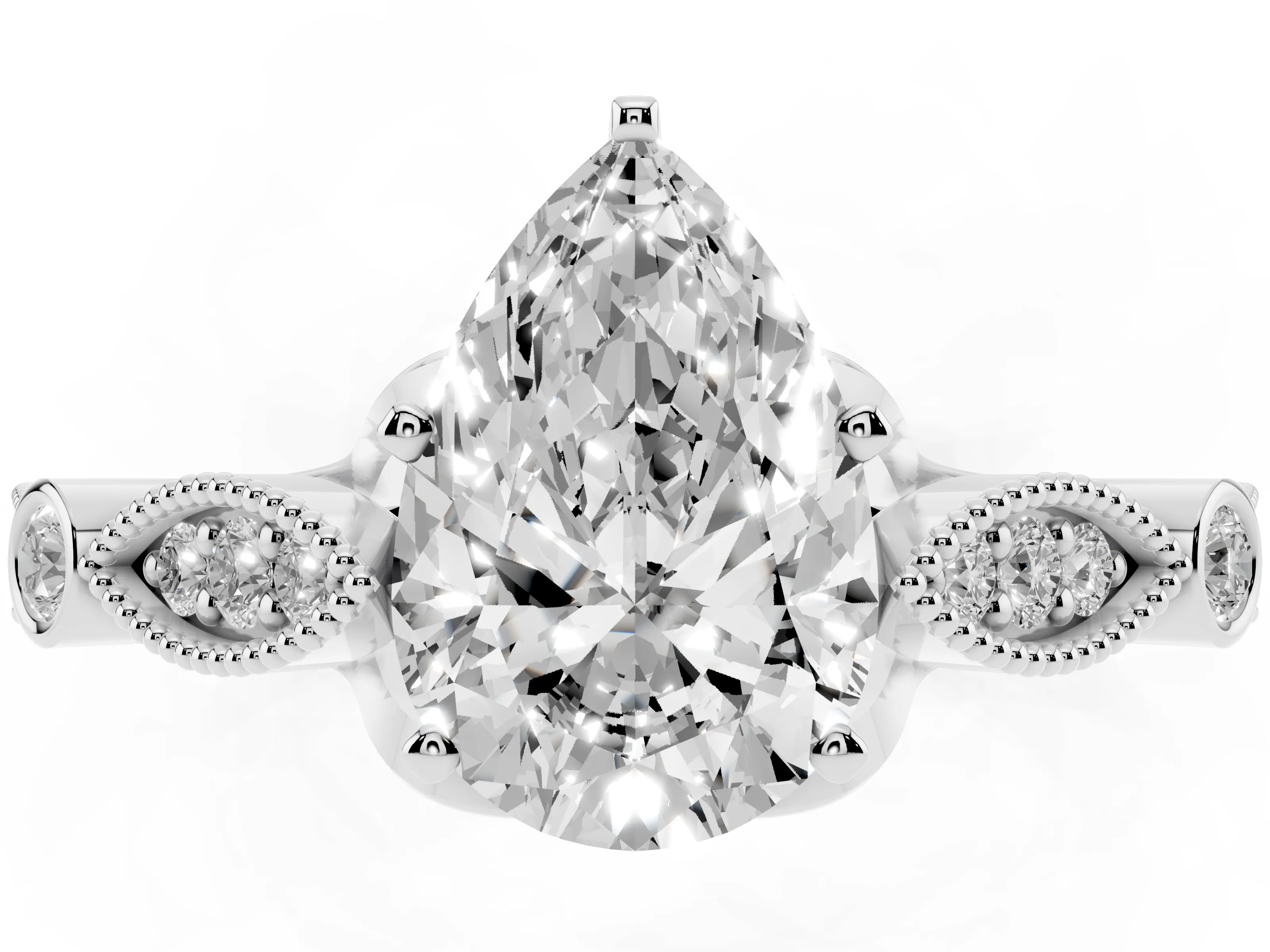 Pear Cut Diamond Solitaire Ring Set in Platinum with Milgrain Marquise and Bezel Accents