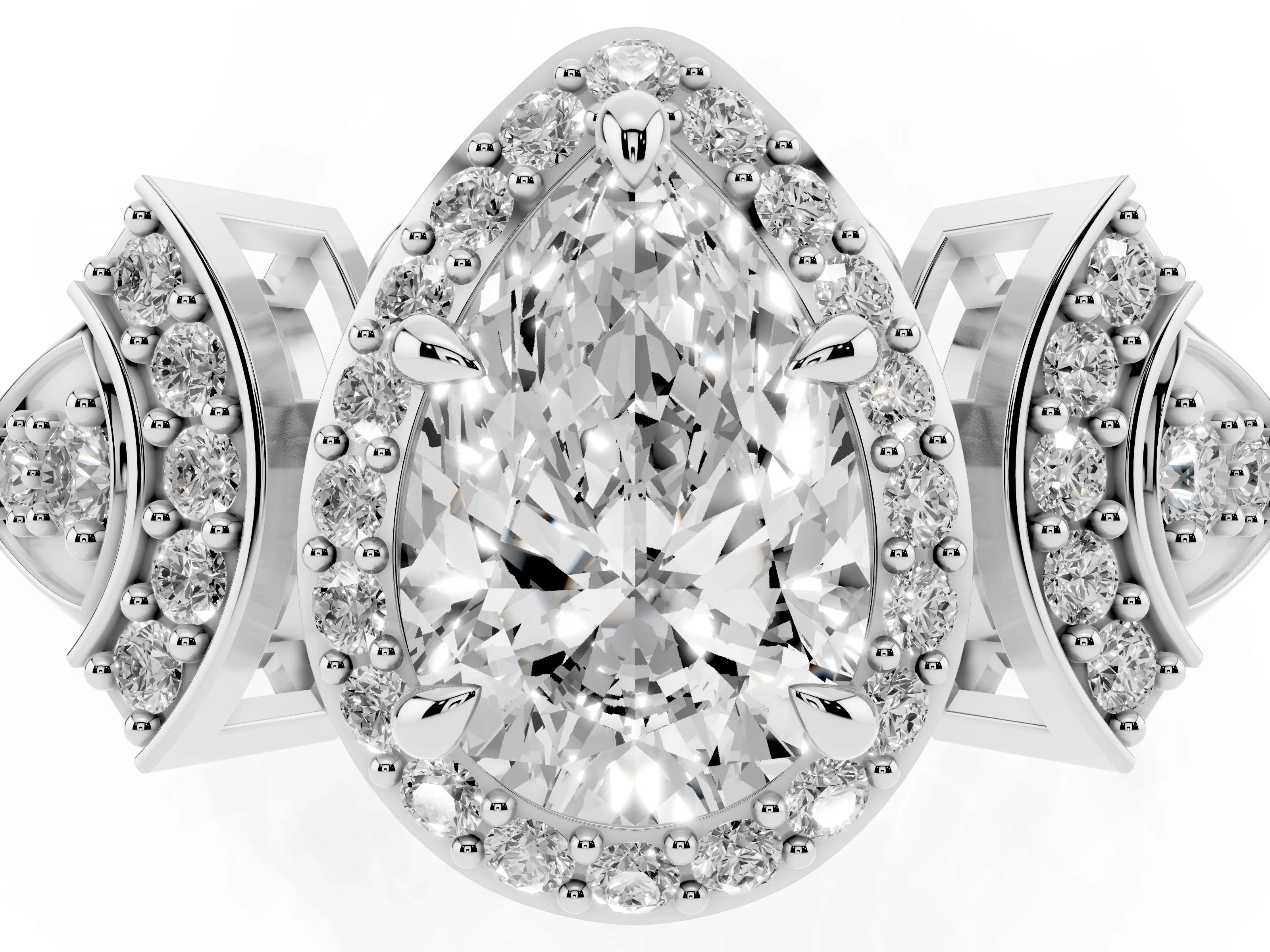 Pear Cut Diamond Halo Engagement Ring Set in Platinum with Accent Stone Split Shank