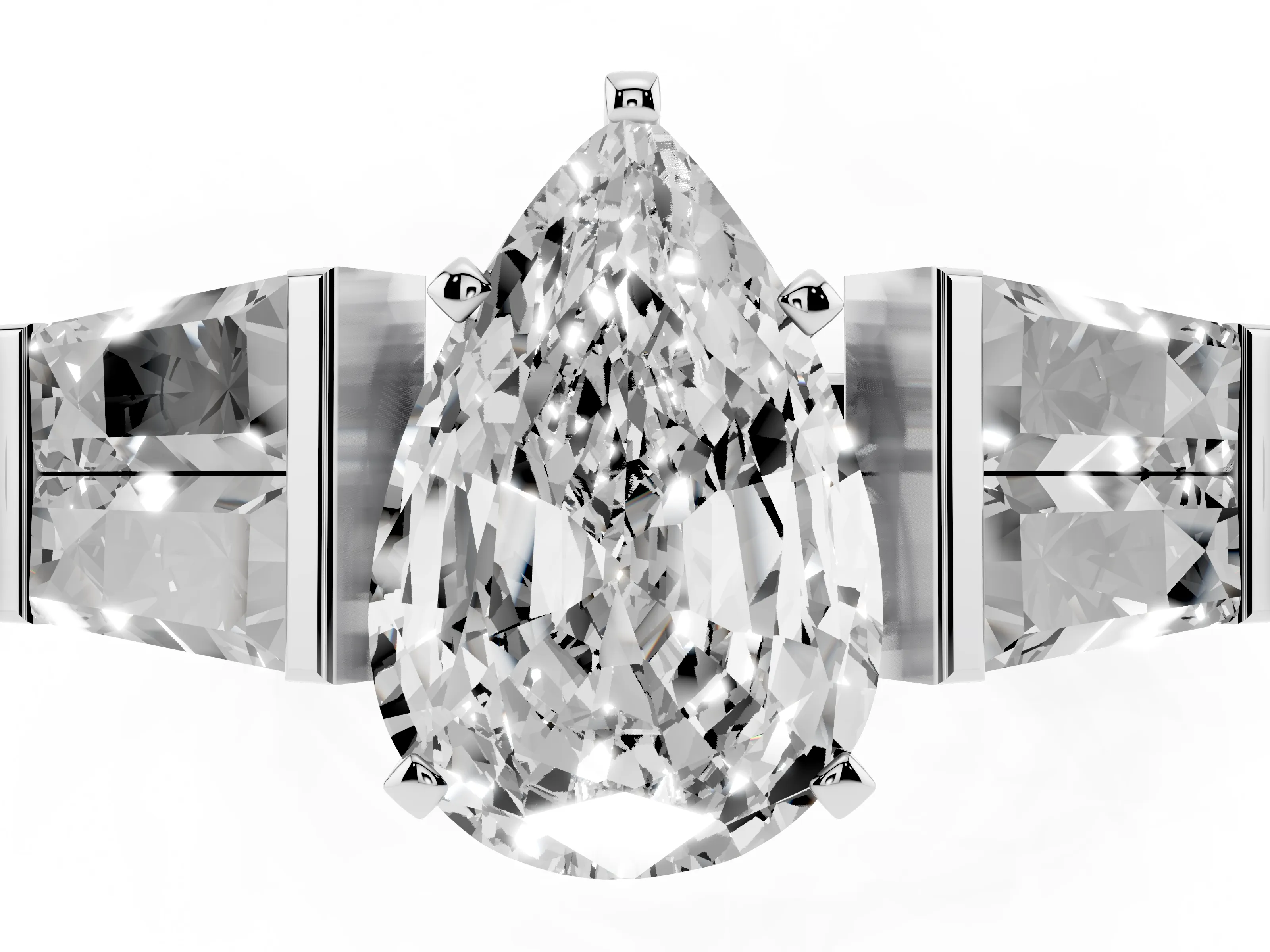 Pear Cut Diamond Engagement Ring Set in White gold with Baguette Side Stones and Channel Set Band