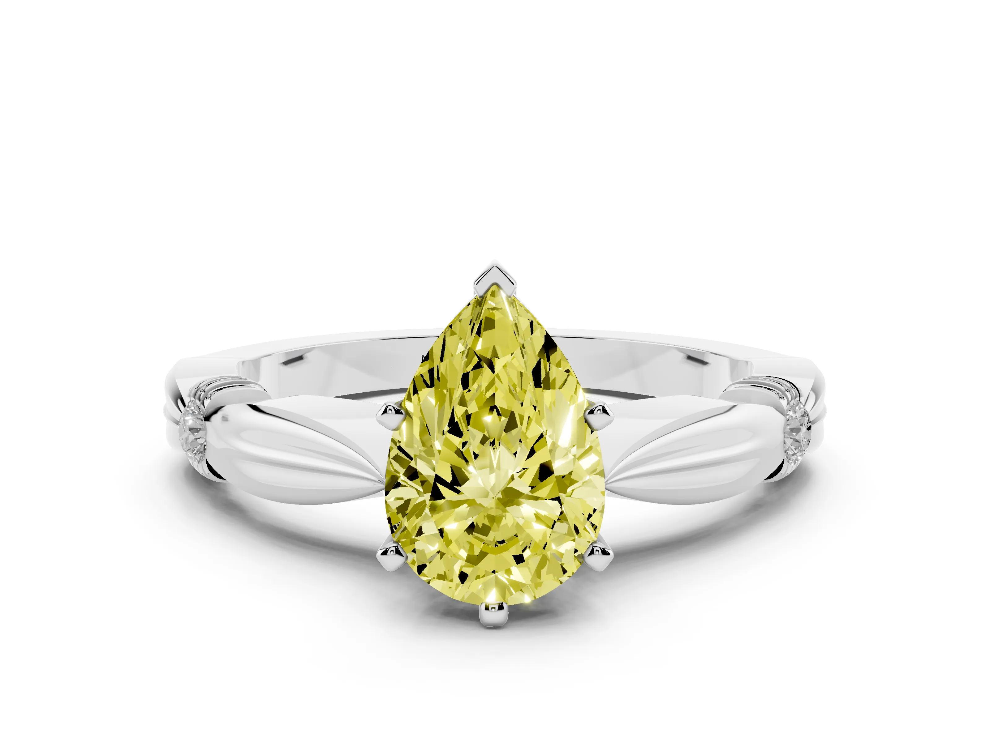 Fancy Yellow Pear Cut Diamond Solitaire Twisted Band Ring Set in Platinum with Accent Stones and Prong Setting