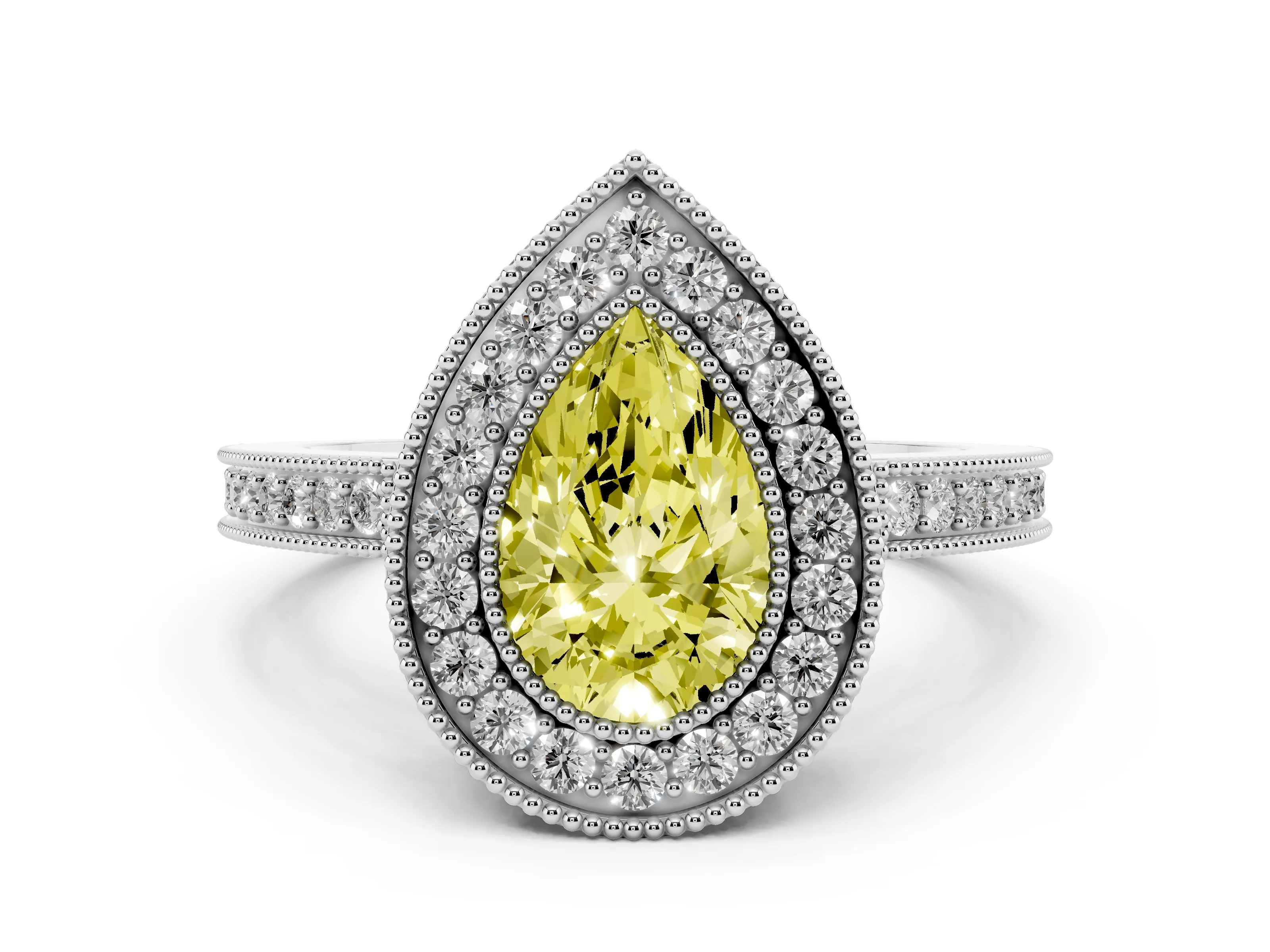 Fancy Yellow Pear Cut Diamond Round Halo Ring Set in White gold with Pavé Band