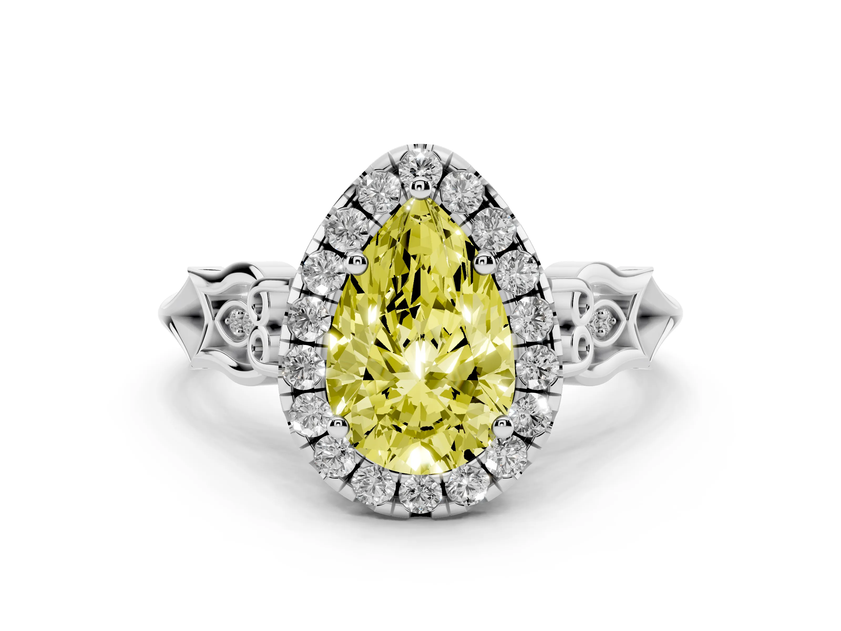 Fancy Yellow Pear Cut Diamond Halo Engagement Ring Set in Platinum with Filigree Band and Prong-Set Center
