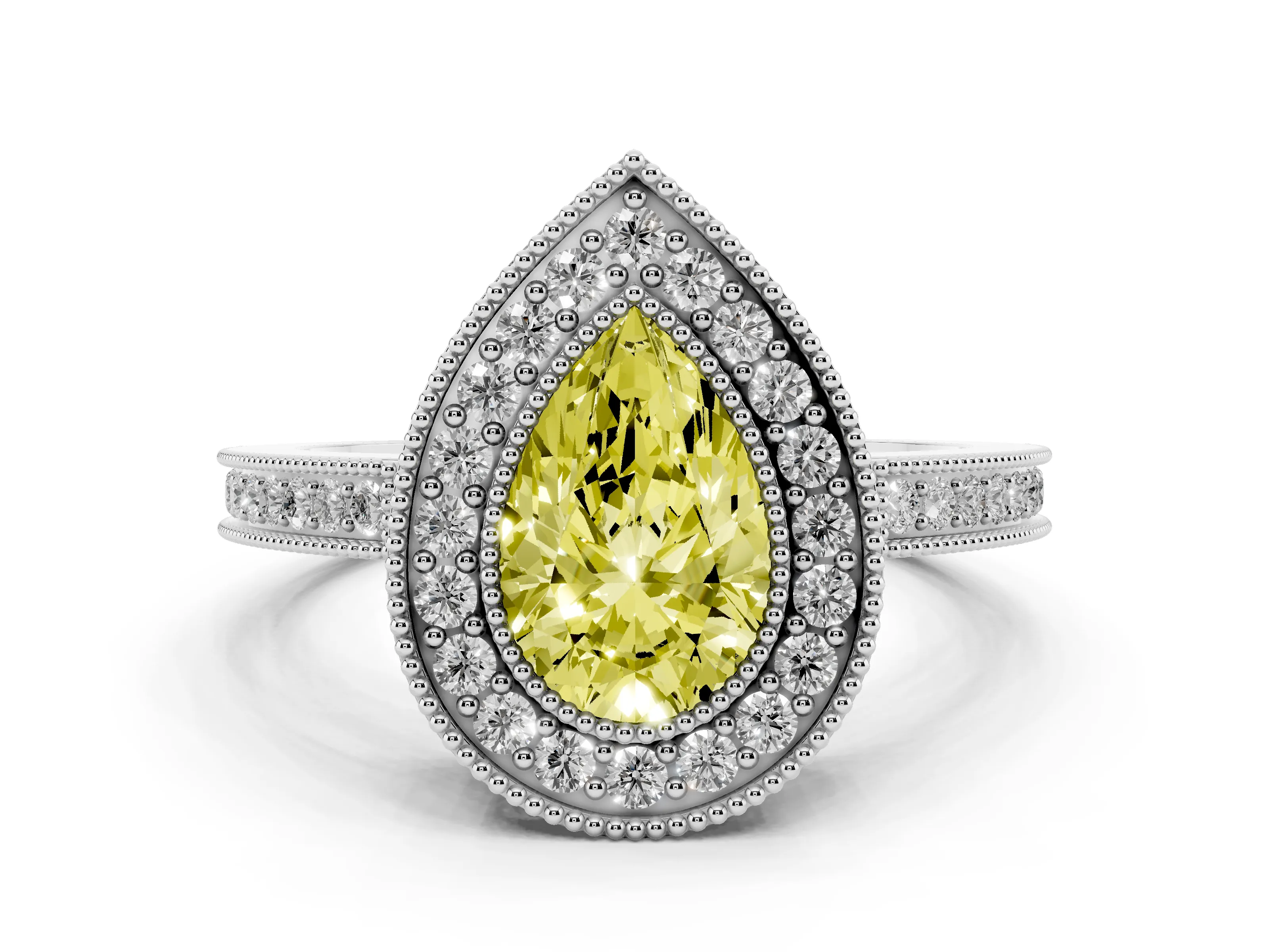 Fancy Yellow Pear Cut Diamond Halo Ring Set in Platinum with Pavé Band and Milgrain-Edged Prongs