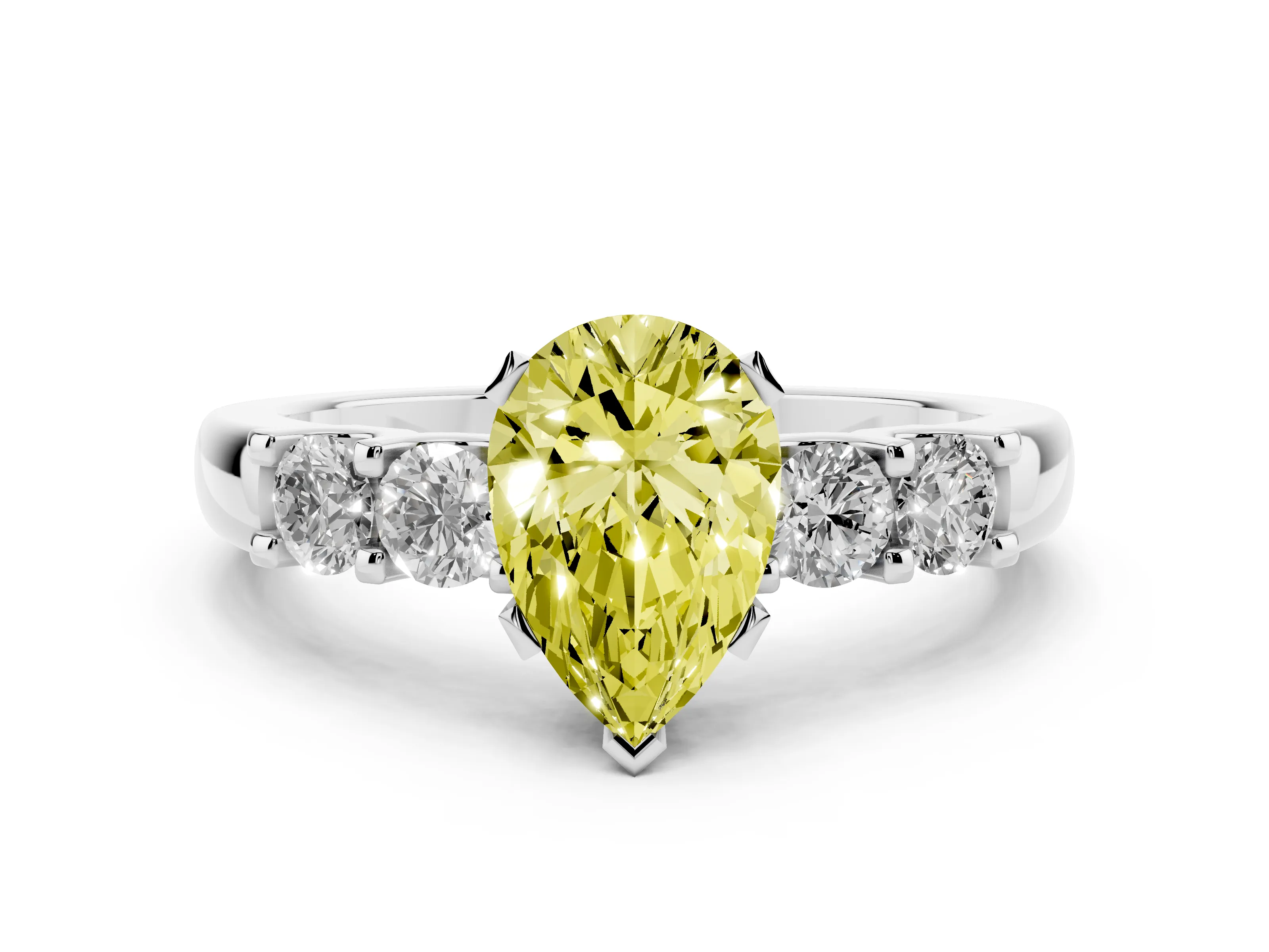Fancy Yellow Pear Cut Diamond Five-Stone Prong Set Engagement Ring Set in Platinum with Channel Band