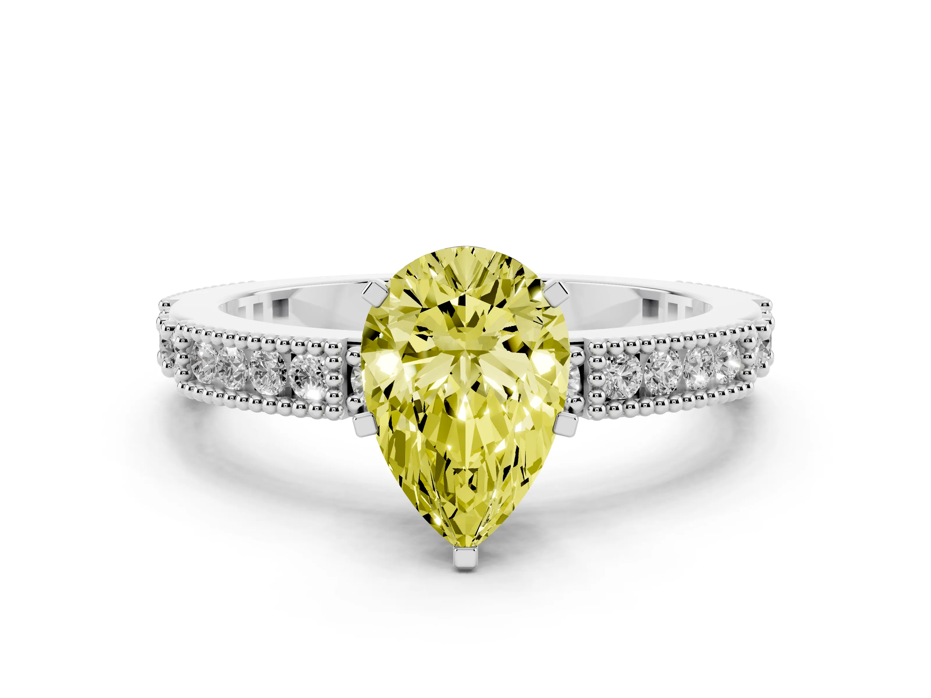 Fancy Yellow Pear Cut Diamond Solitaire Ring Set in Platinum with Slim Pavé Band and Prong Setting
