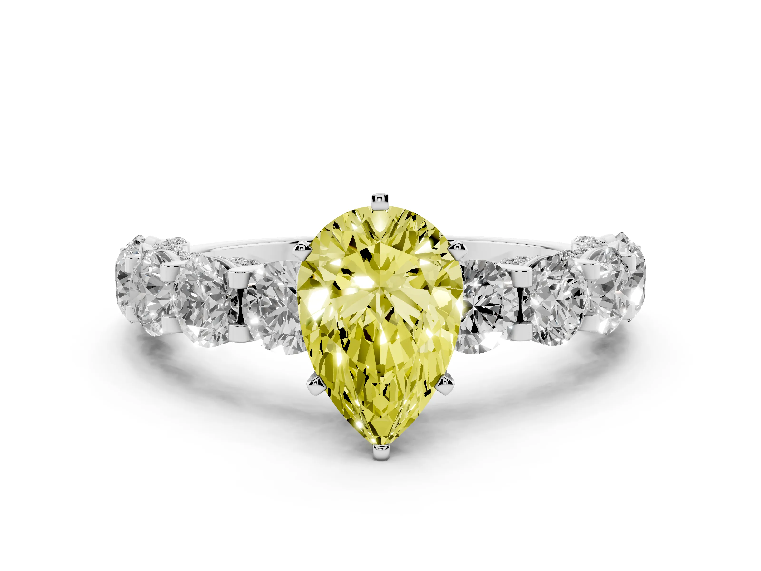 Fancy Yellow Pear Cut Diamond Side Stone Ring Set in Silver with Alternating Round and Oval Side Stones