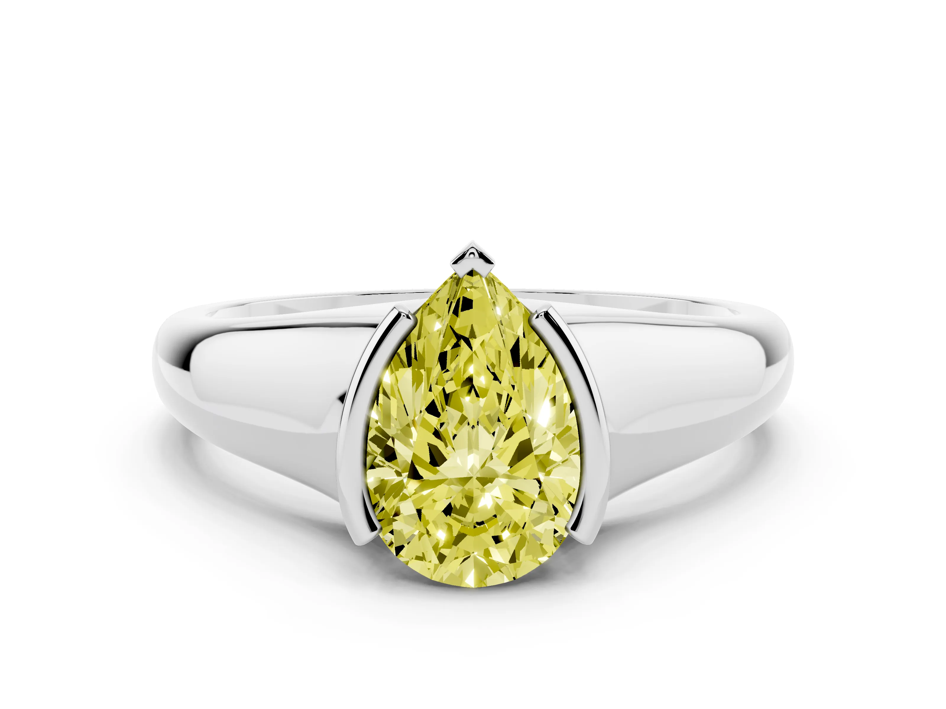 Fancy Yellow Pear Cut Diamond Solitaire Tension Set Ring Set in White gold with Split Shank Band