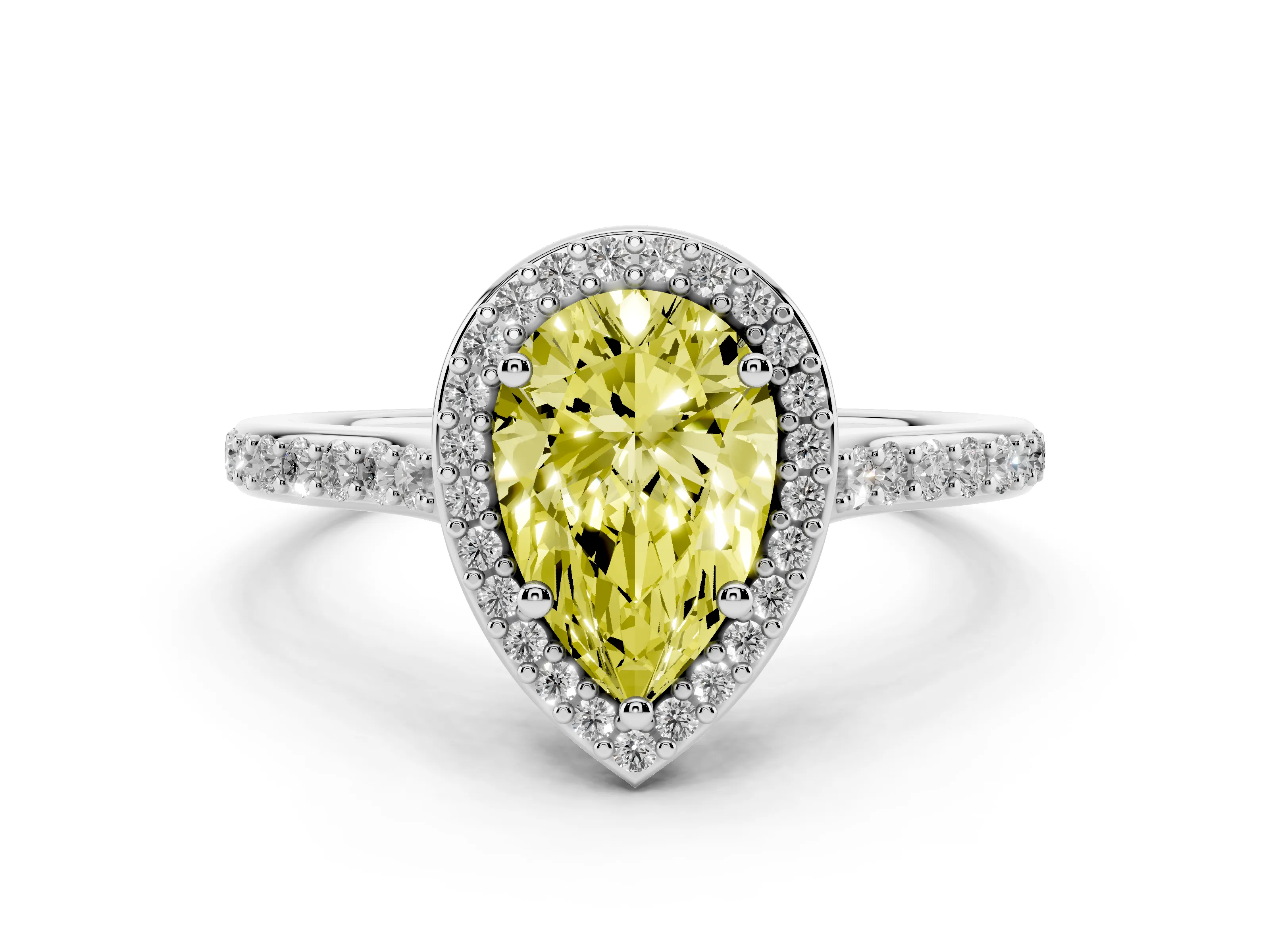 Fancy Yellow Pear Cut Diamond Halo Engagement Ring Set in Platinum with Round Pavé Shoulders and Heart Gallery