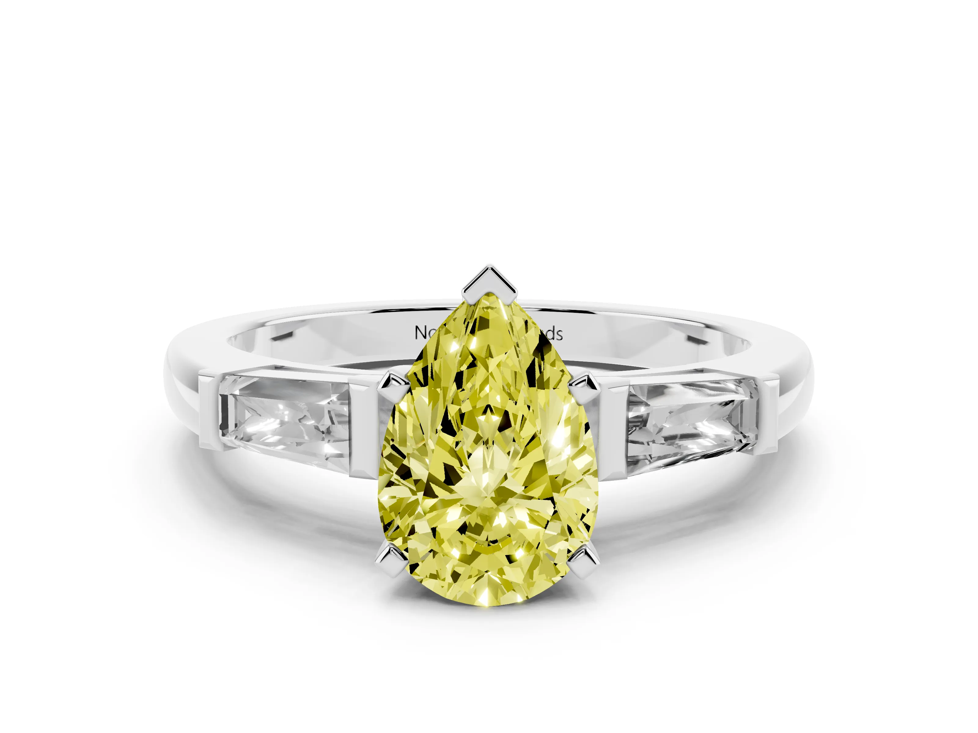 Fancy Yellow Pear Cut Diamond Solitaire Ring Set in White gold with Tapered Baguette Side Stones and Prong Setting