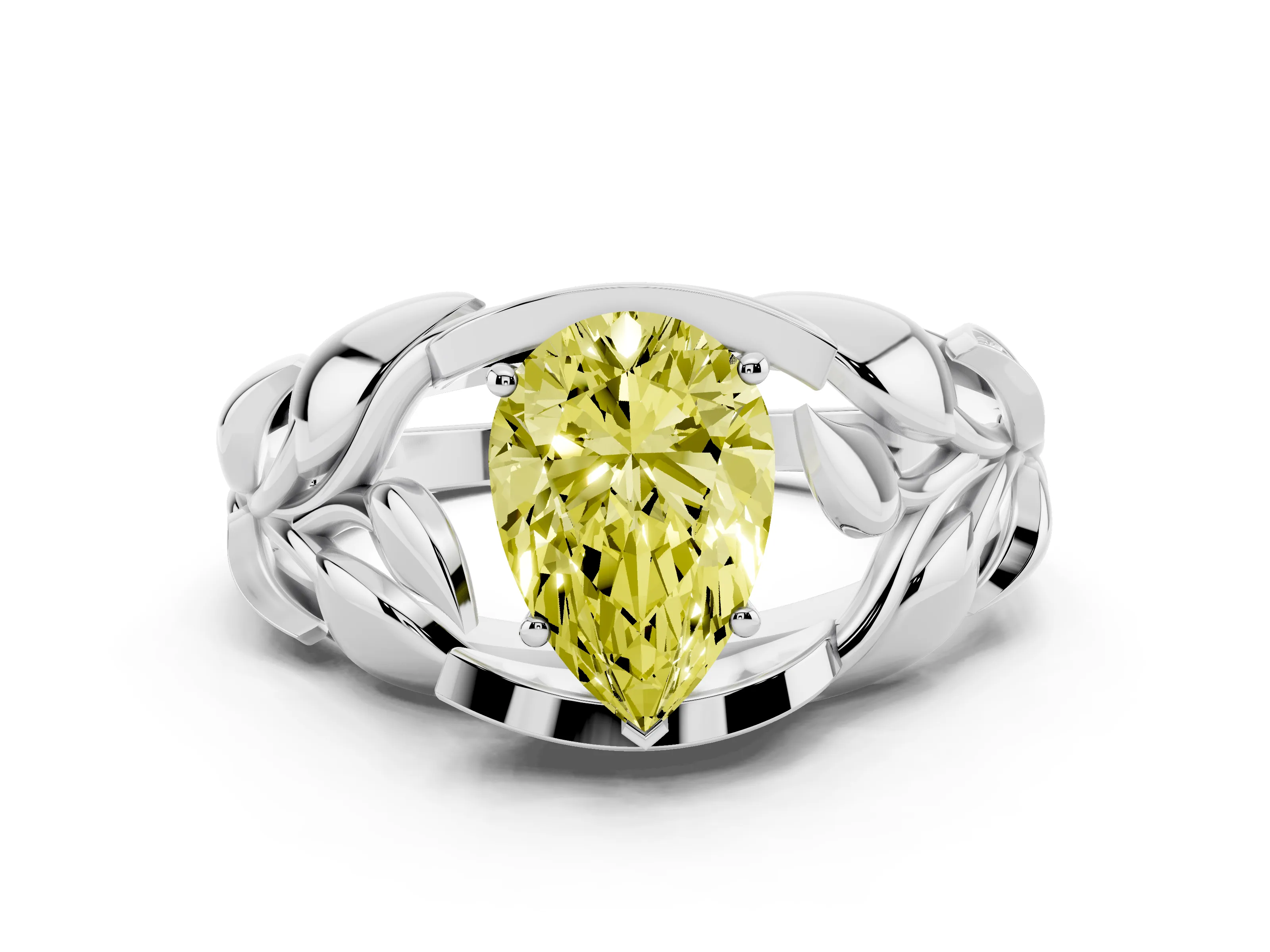 Fancy Yellow Pear Cut Diamond Leaf-Inspired Engagement Ring Set in Platinum with Round Accents