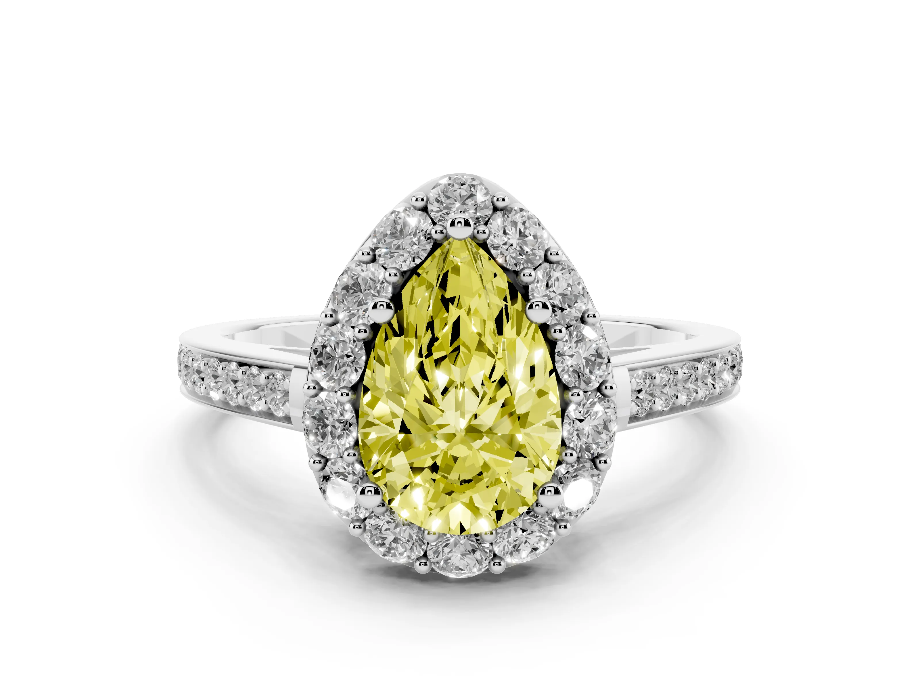 Fancy Yellow Pear Cut Diamond Floral Halo Ring Set in White gold with Pavé Band and Prong Setting